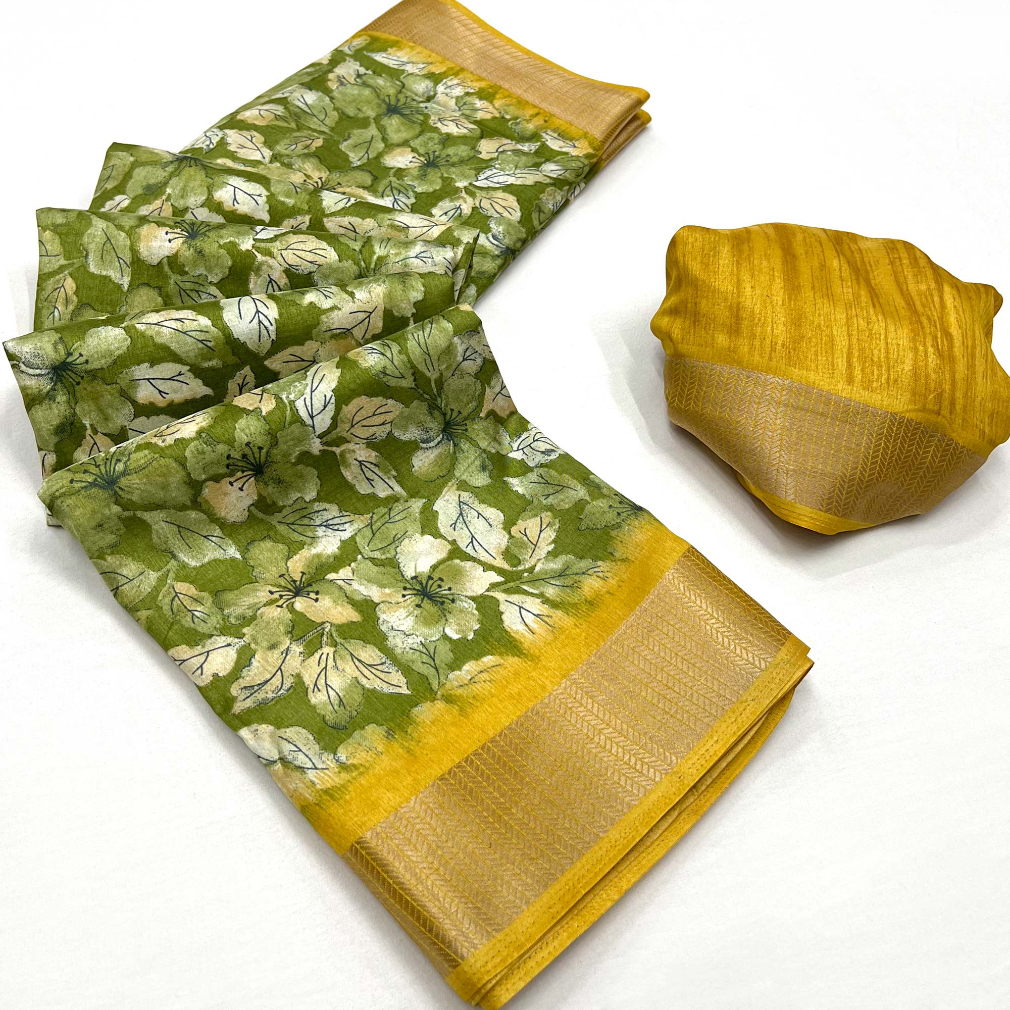 Green Floral Printed Dola Silk Saree With Woven Border