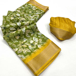 Green Floral Printed Dola Silk Saree With Woven Border