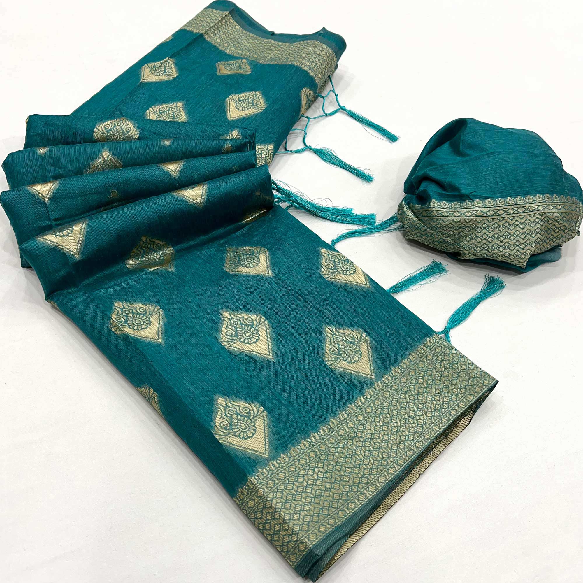 Rama Blue Woven Cotton Blend Saree With Tassels
