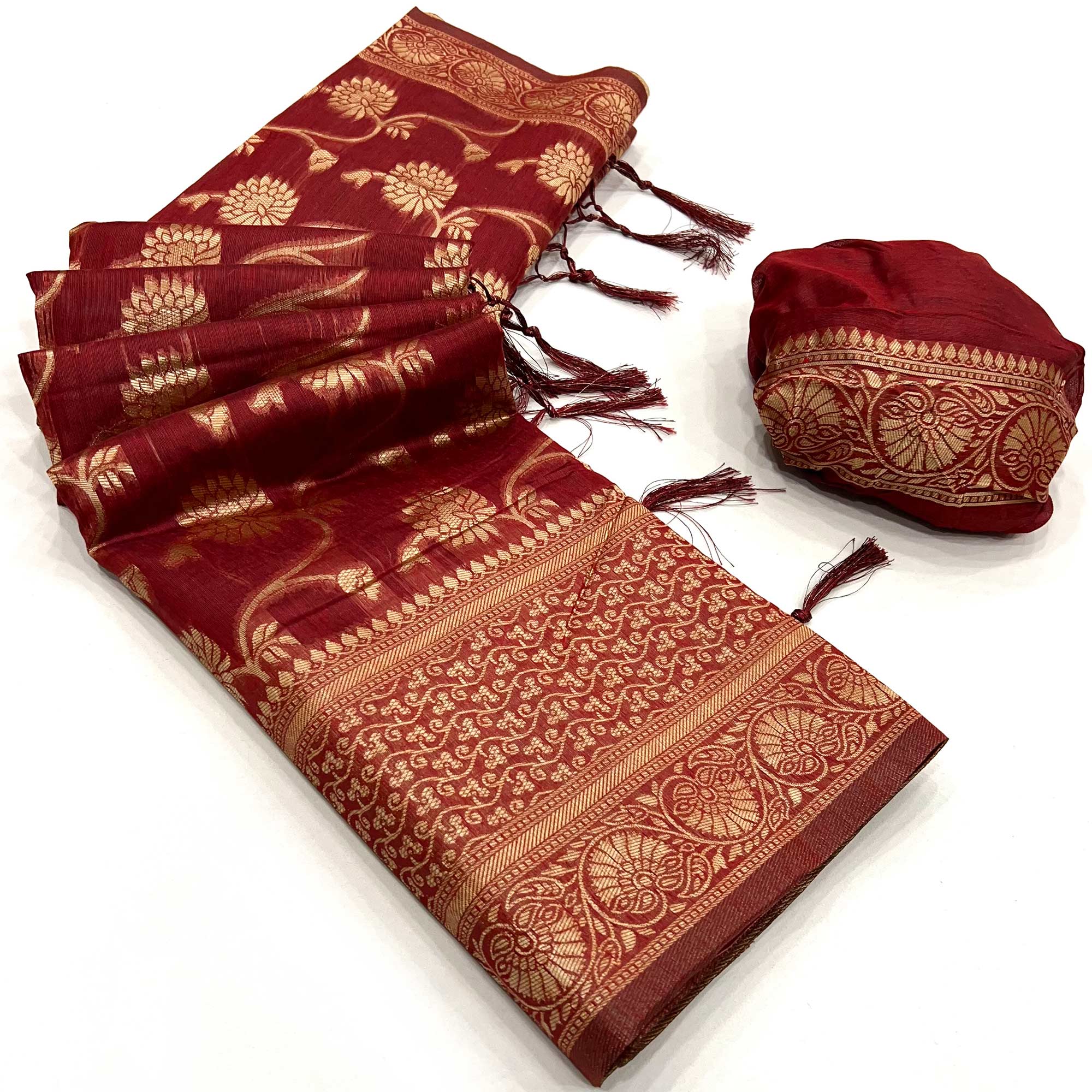 Red Floral Woven Cotton Blend Saree With Tassels