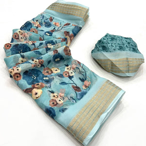 Blue Floral Digital Printed Georgette Saree With Zari Border