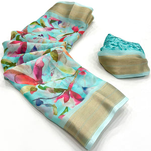 Blue Floral Digital Printed Georgette Saree With Zari Border