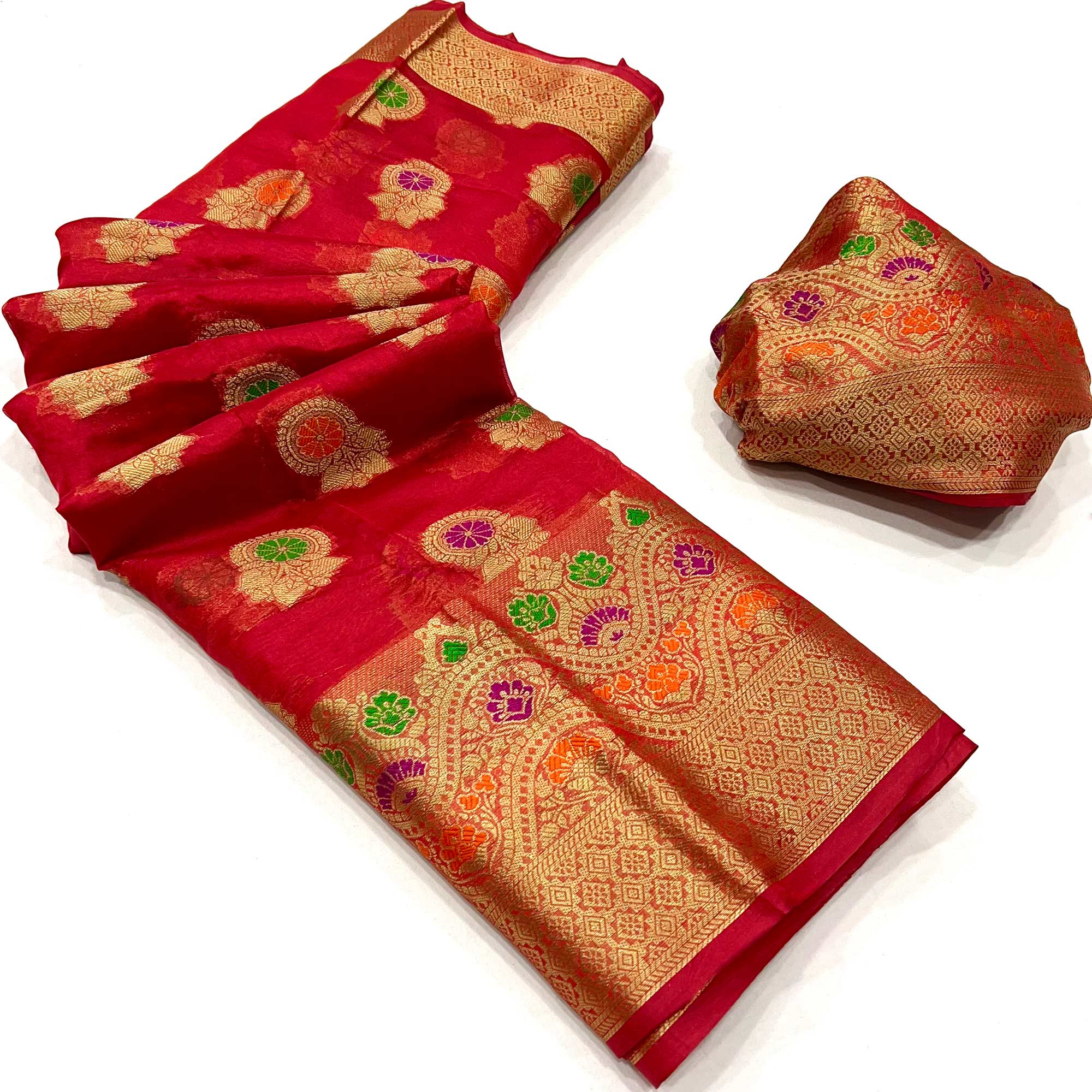 Red Floral Woven Organza Saree