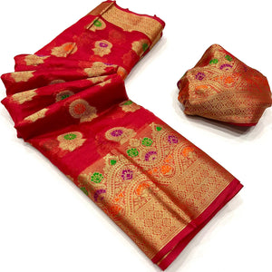 Red Floral Woven Organza Saree