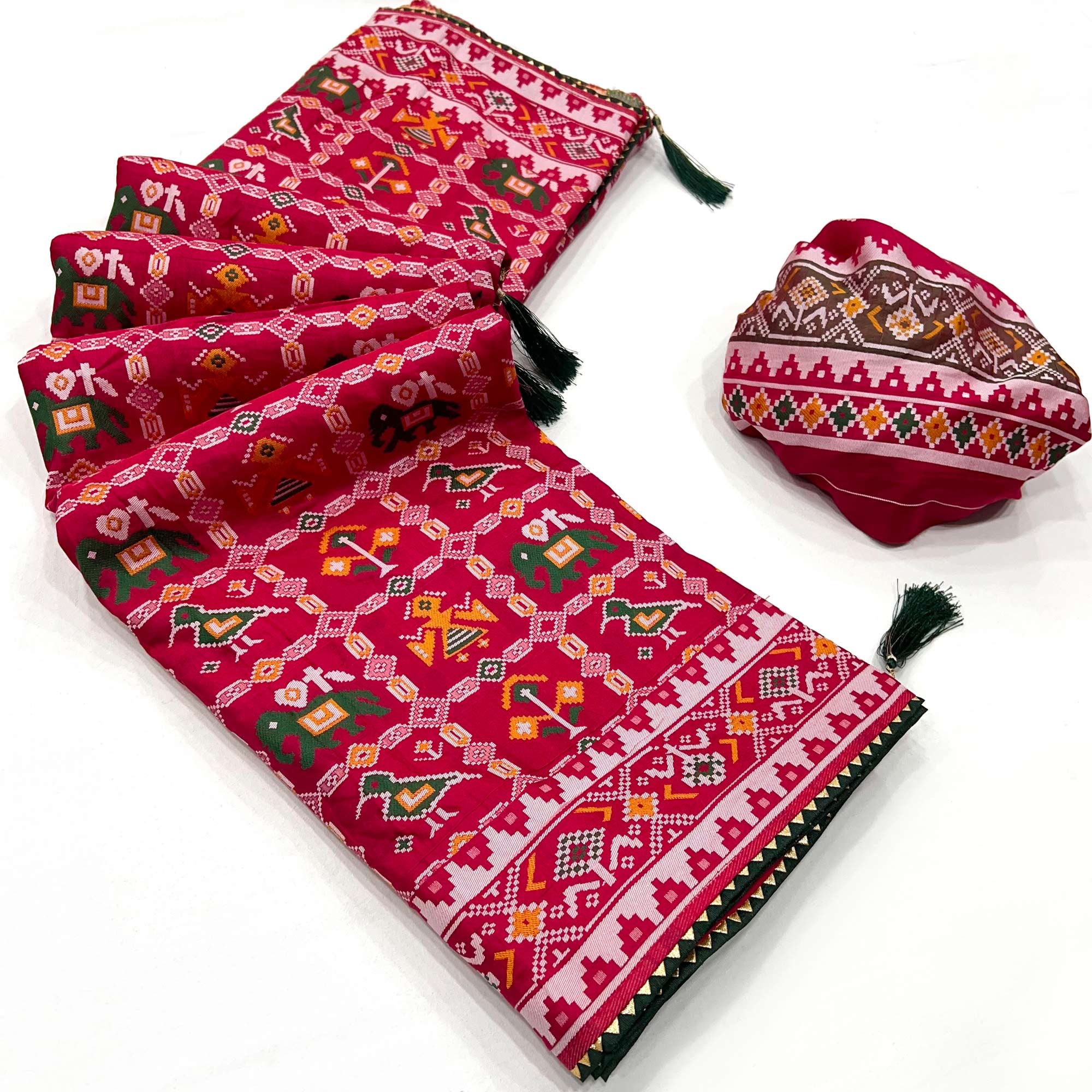 Rani Pink Woven Viscose Saree With Tassels