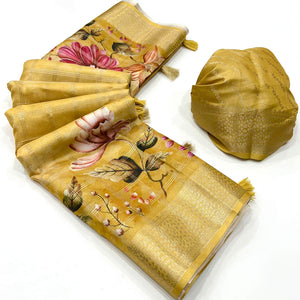 Yellow Woven With Floral Digital Printed Fancy Fabric Saree