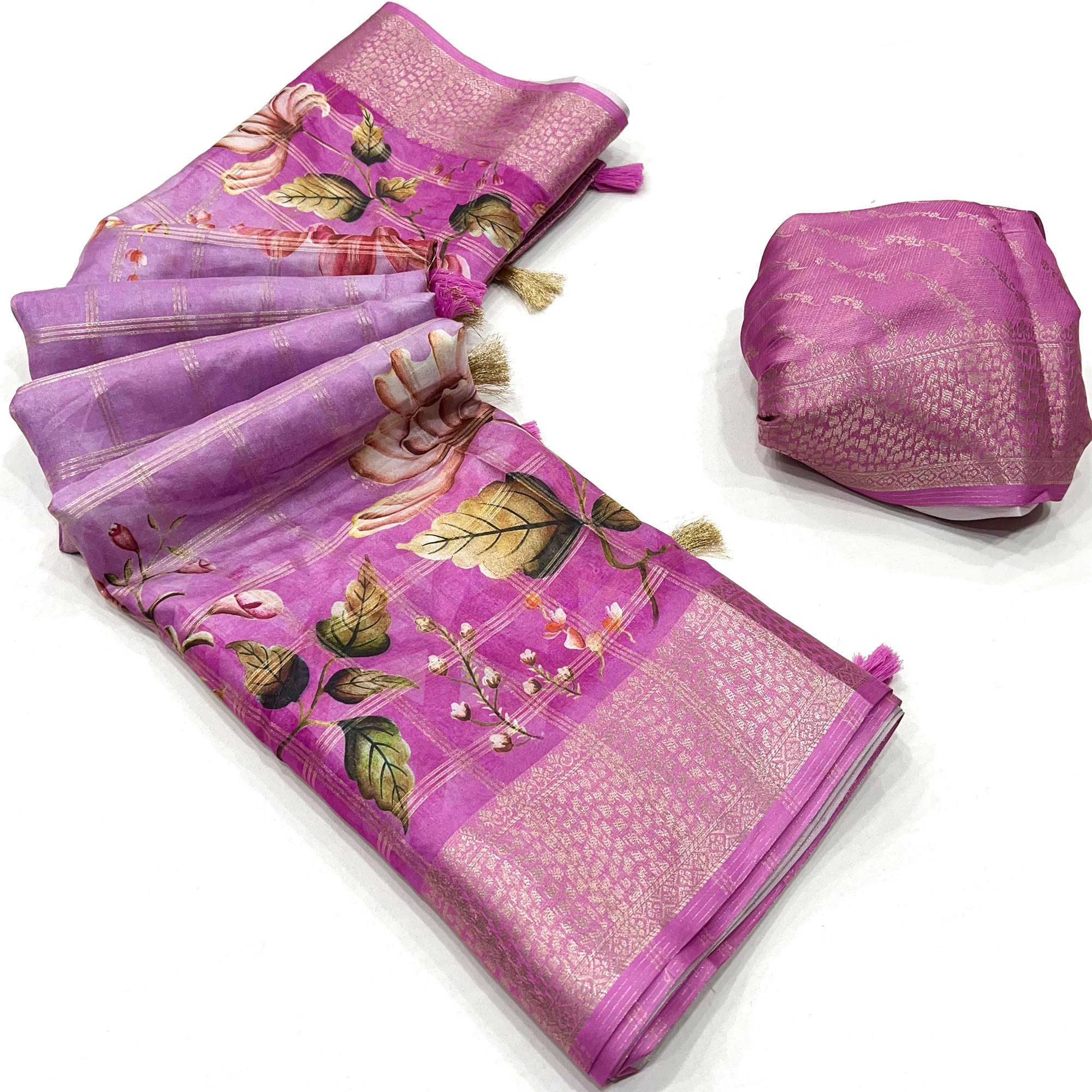 Purple Woven With Floral Digital Printed Fancy Fabric Saree