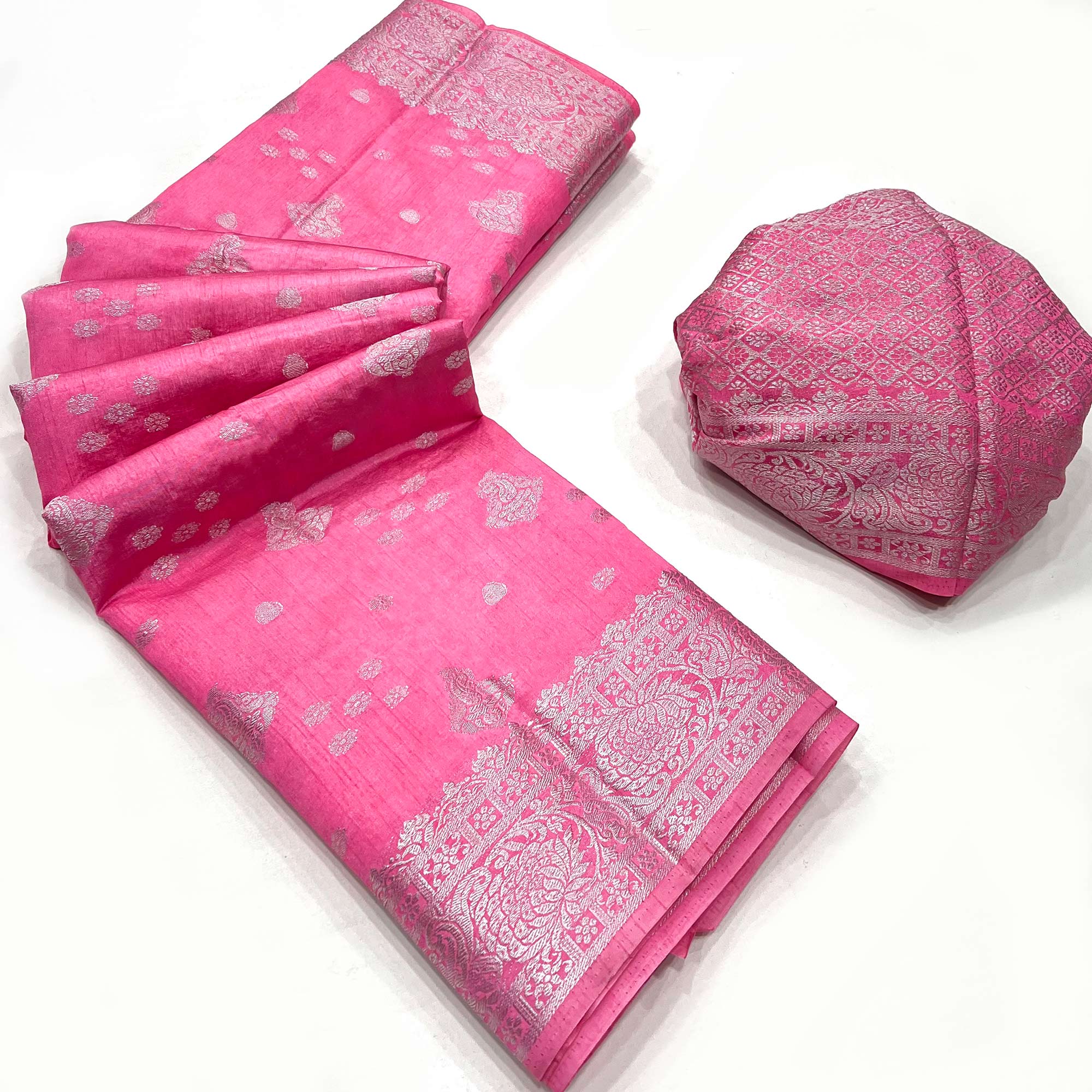 Pink Zari Woven Raw Silk Saree