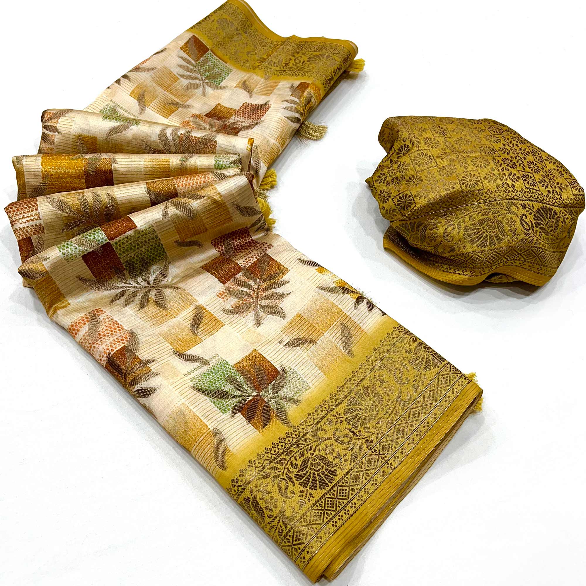 Yellow Woven With Floral Digital Printed Raw Silk Saree