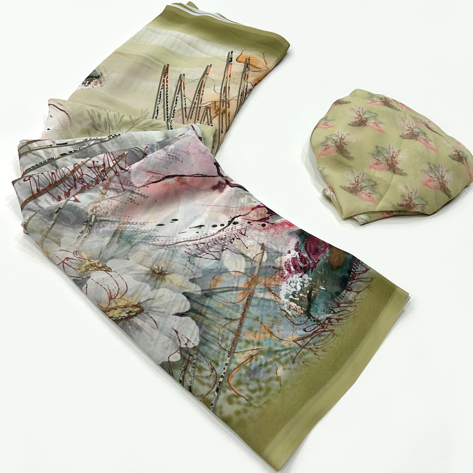 Olive Green Floral Digital Printed Georgette Saree