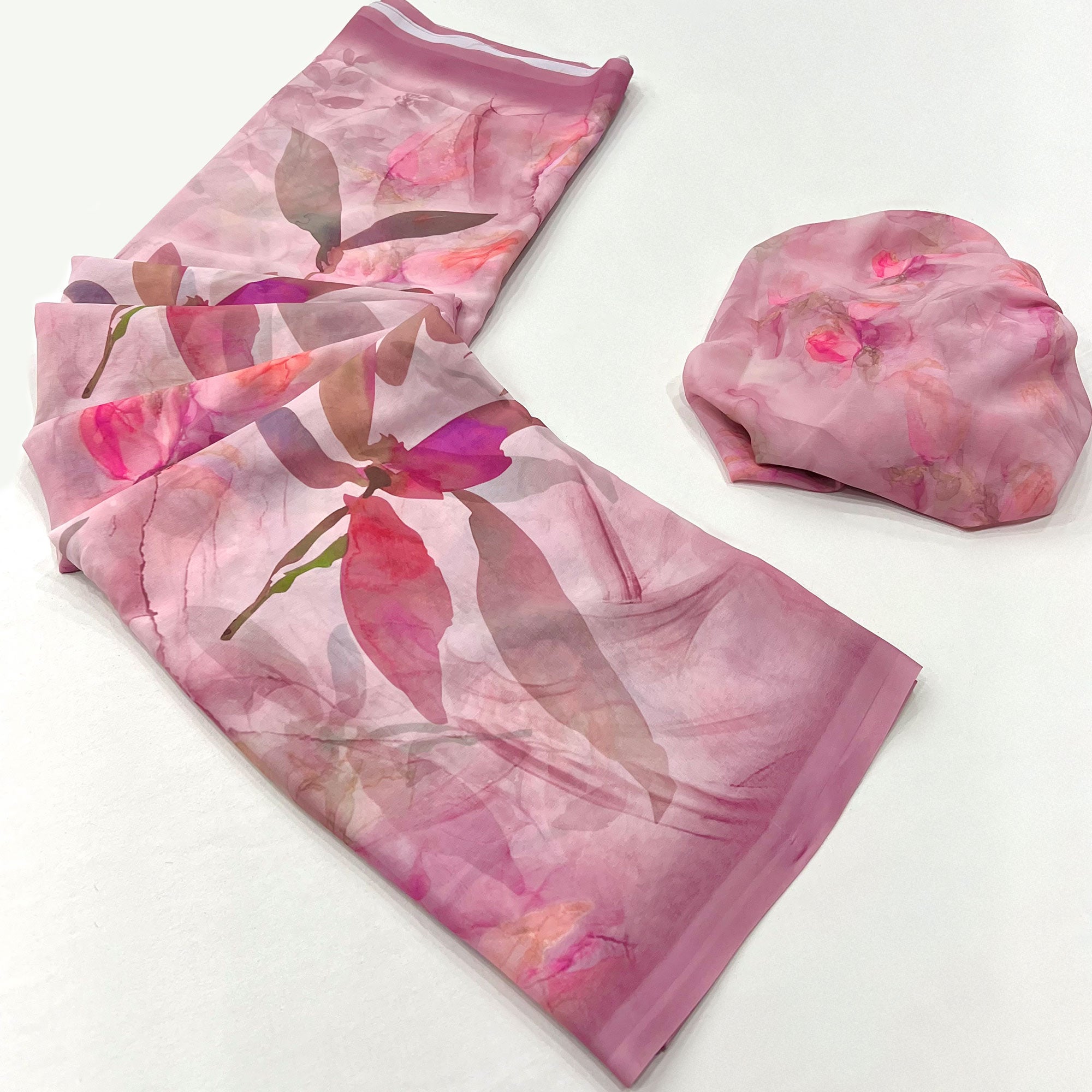 Pink Floral Digital Printed Georgette Saree