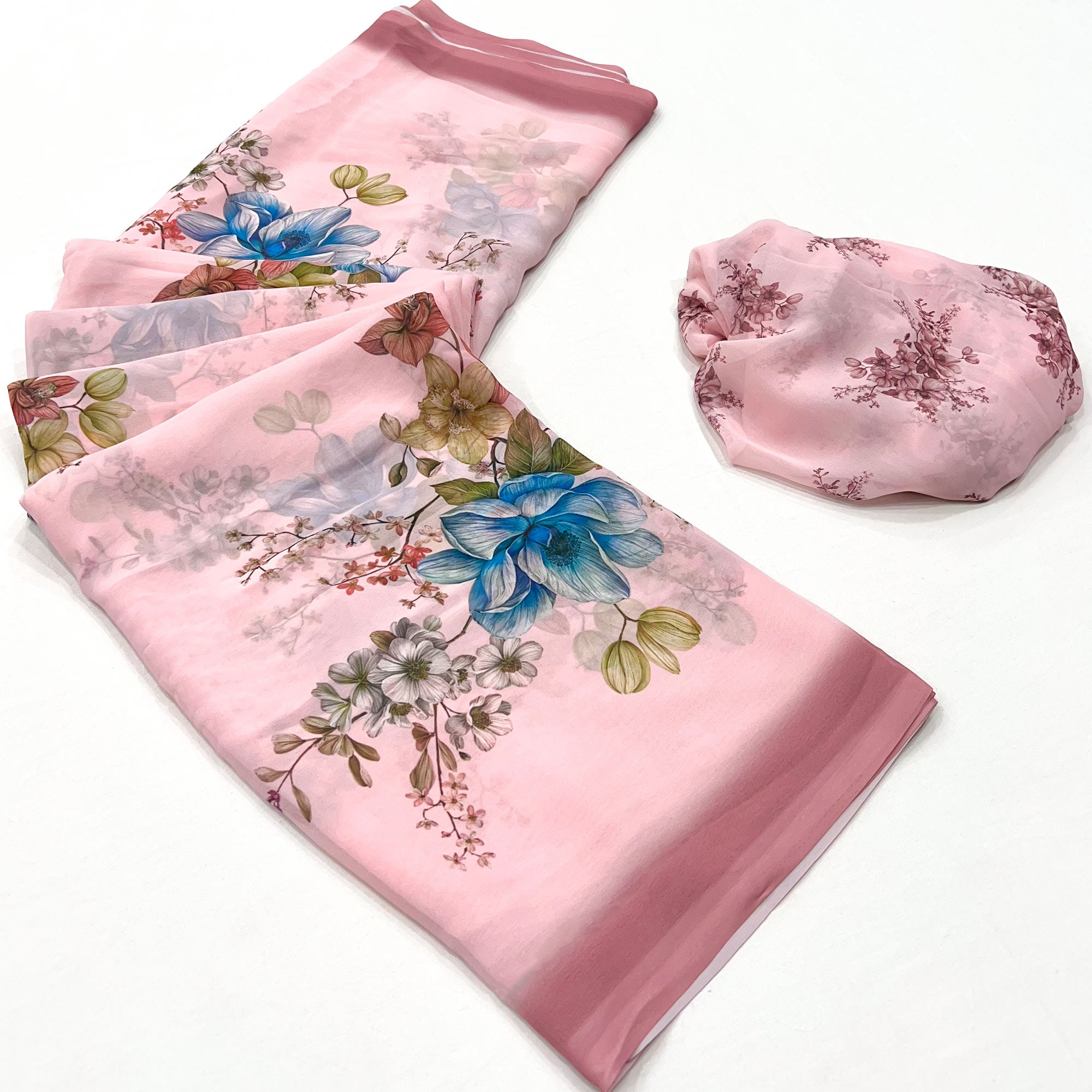 Pink Floral Digital Printed Georgette Saree