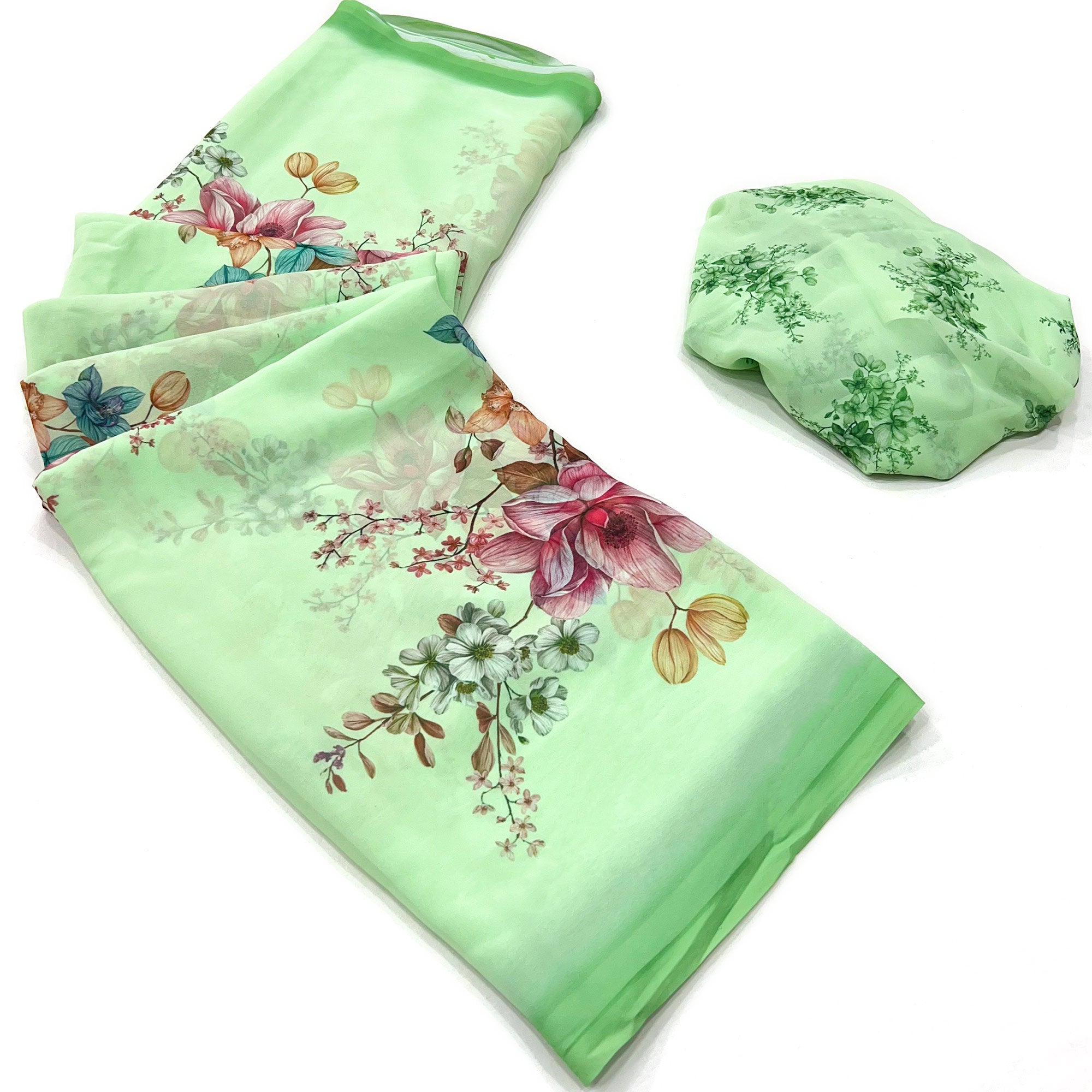 Asheera green floral Printed Georgette Ready to Wear Saree
