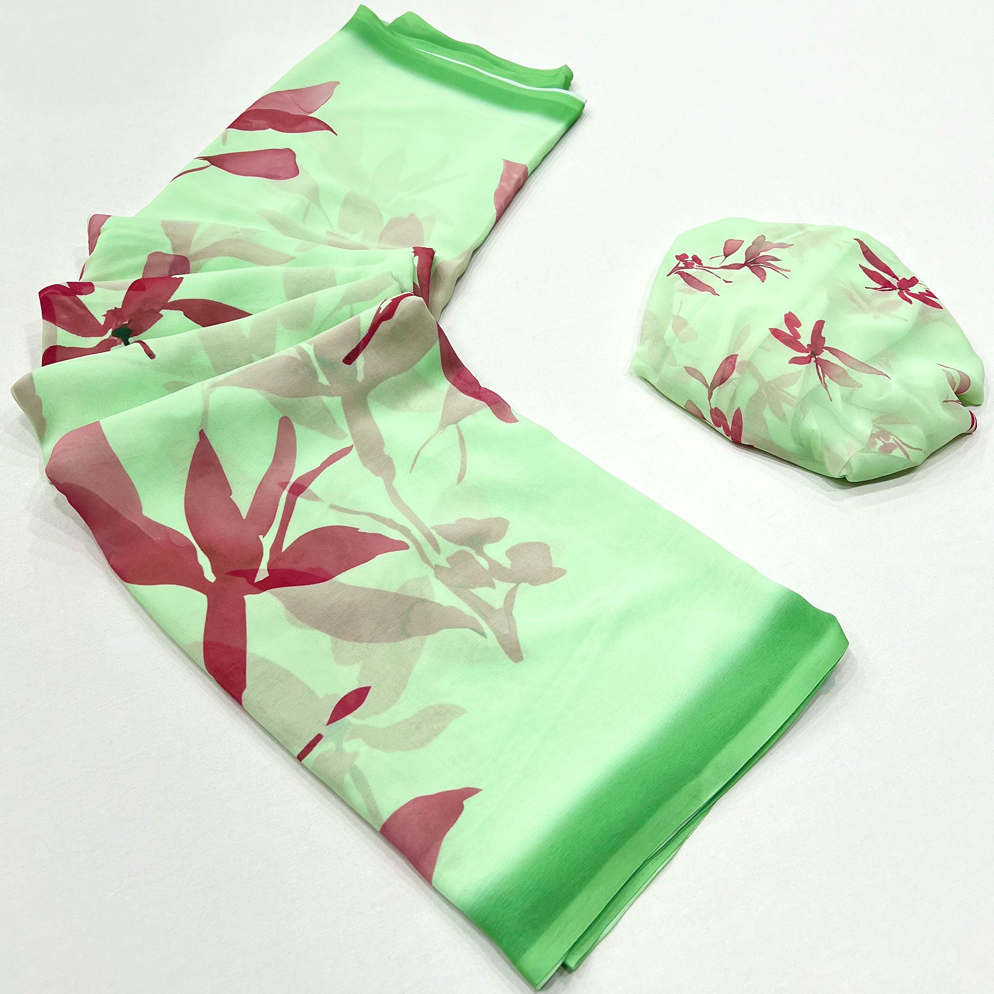 Green Floral Digital Printed Georgette Saree