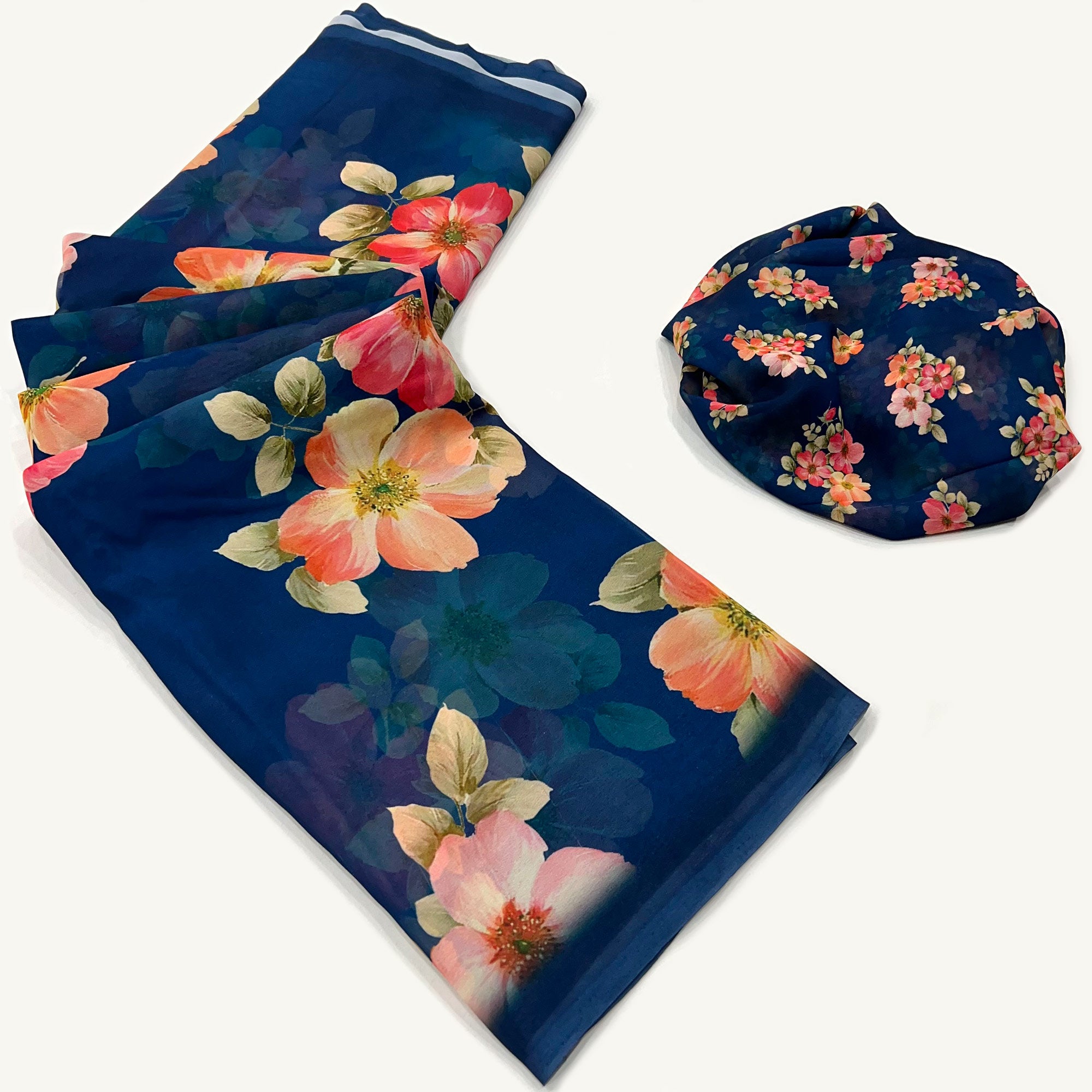 Blue Floral Digital Printed Georgette Saree