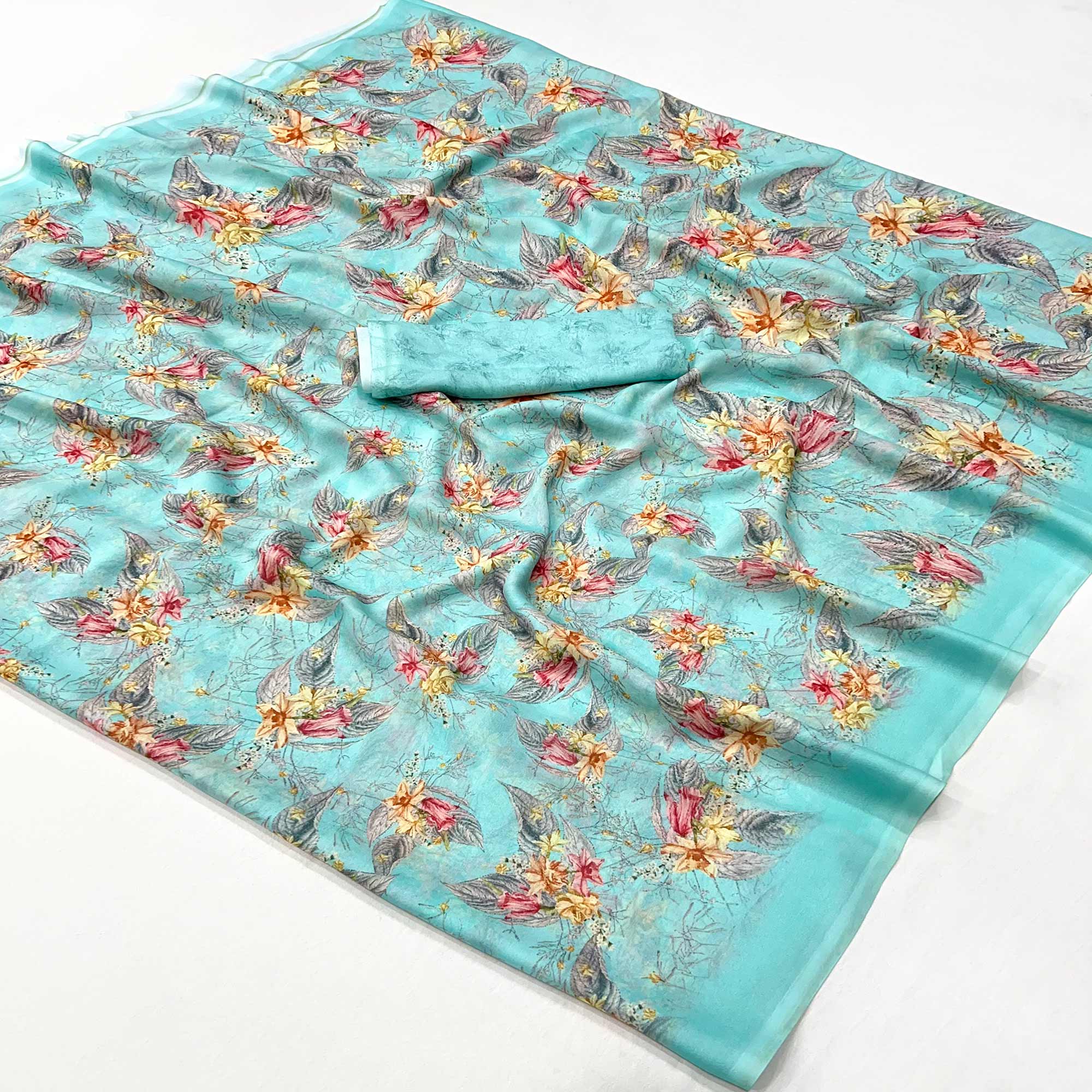 Blue Floral Digital Printed Georgette Saree