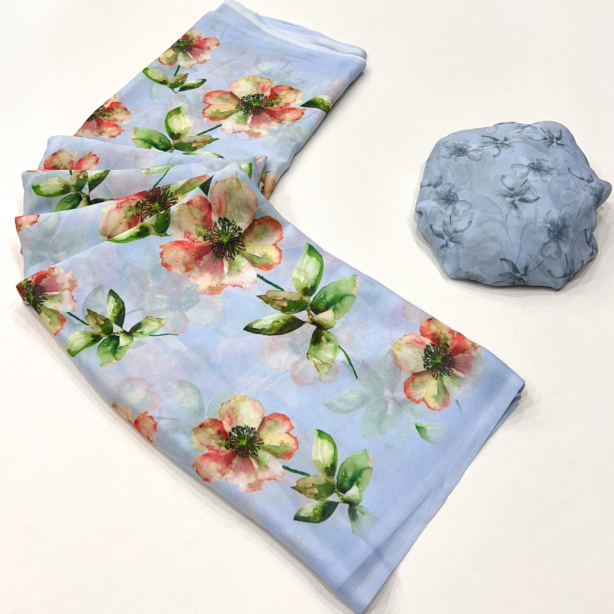 Bluyish Grey Floral Digital Printed Georgette Saree