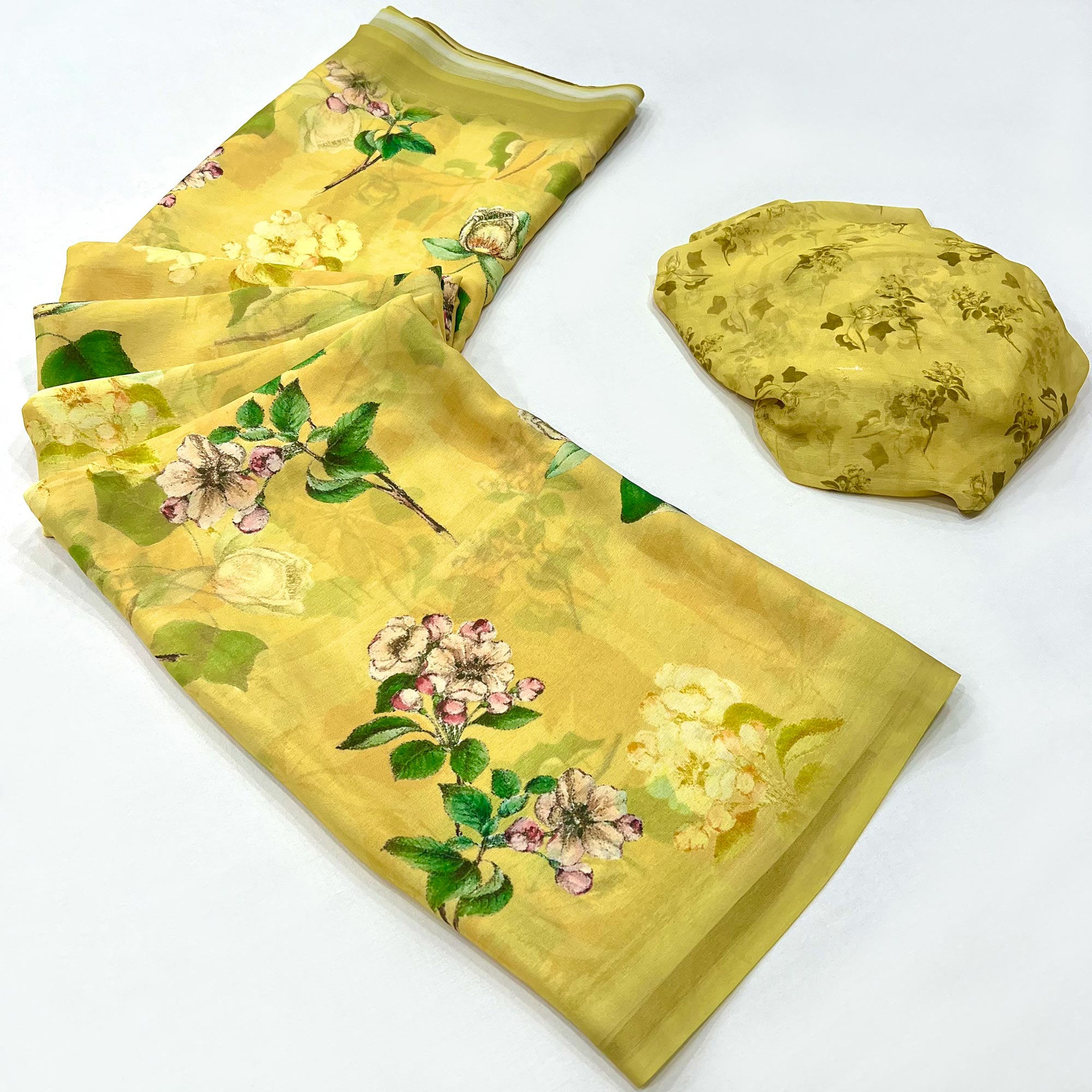 Lemon Yellow Floral Digital Printed Georgette Saree