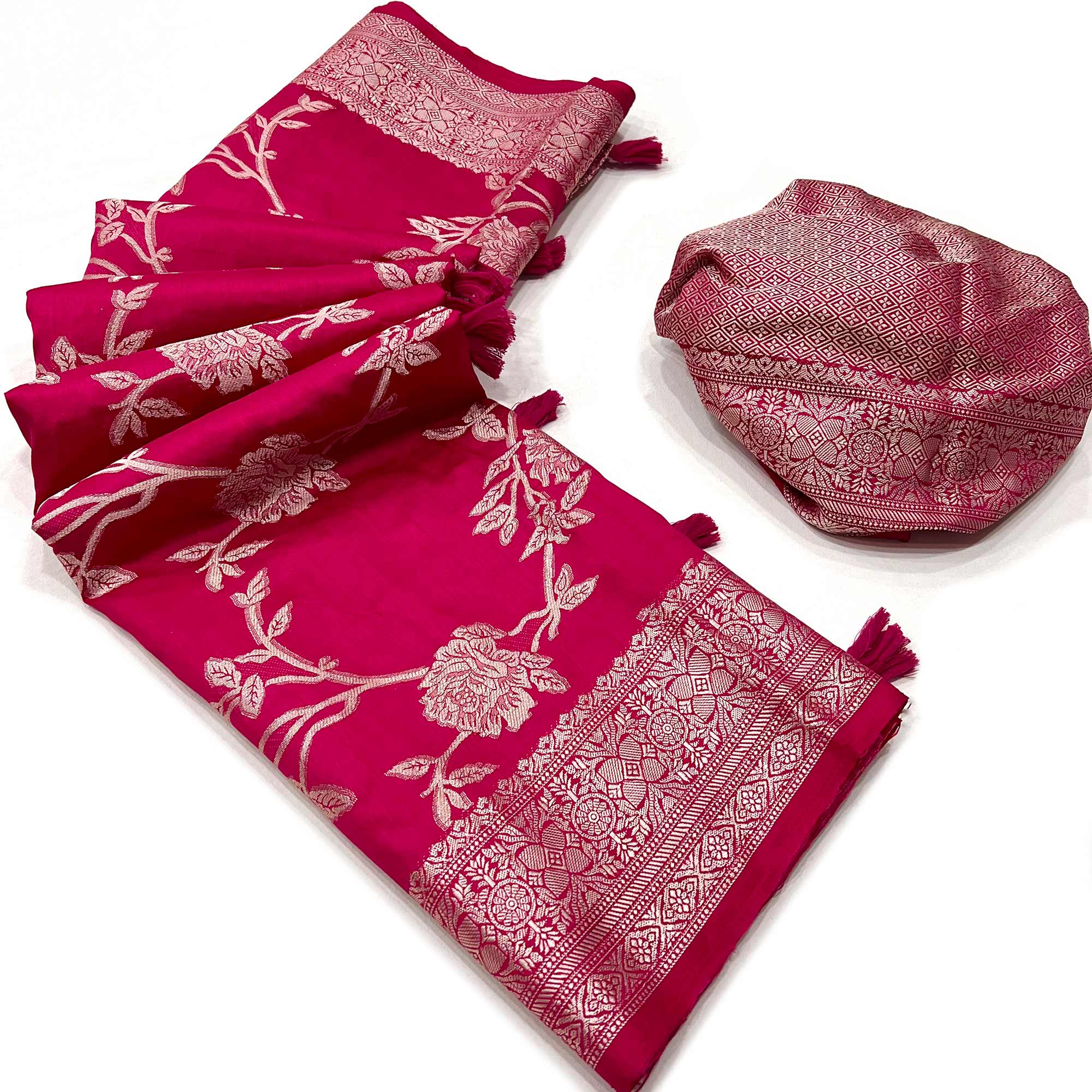 Rani Pink Floral Woven Dola Silk Saree With Tassels