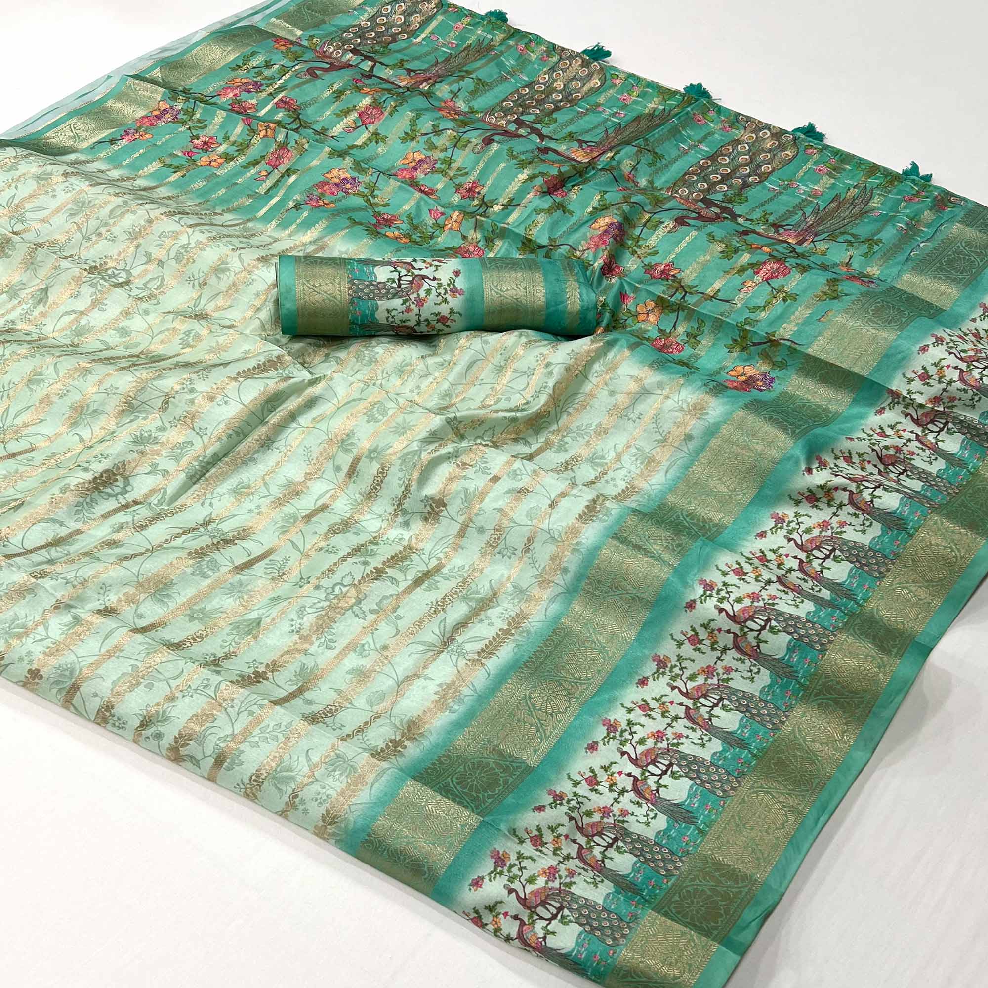 Sea Green Floral Woven With Digital Printed Art Silk Saree