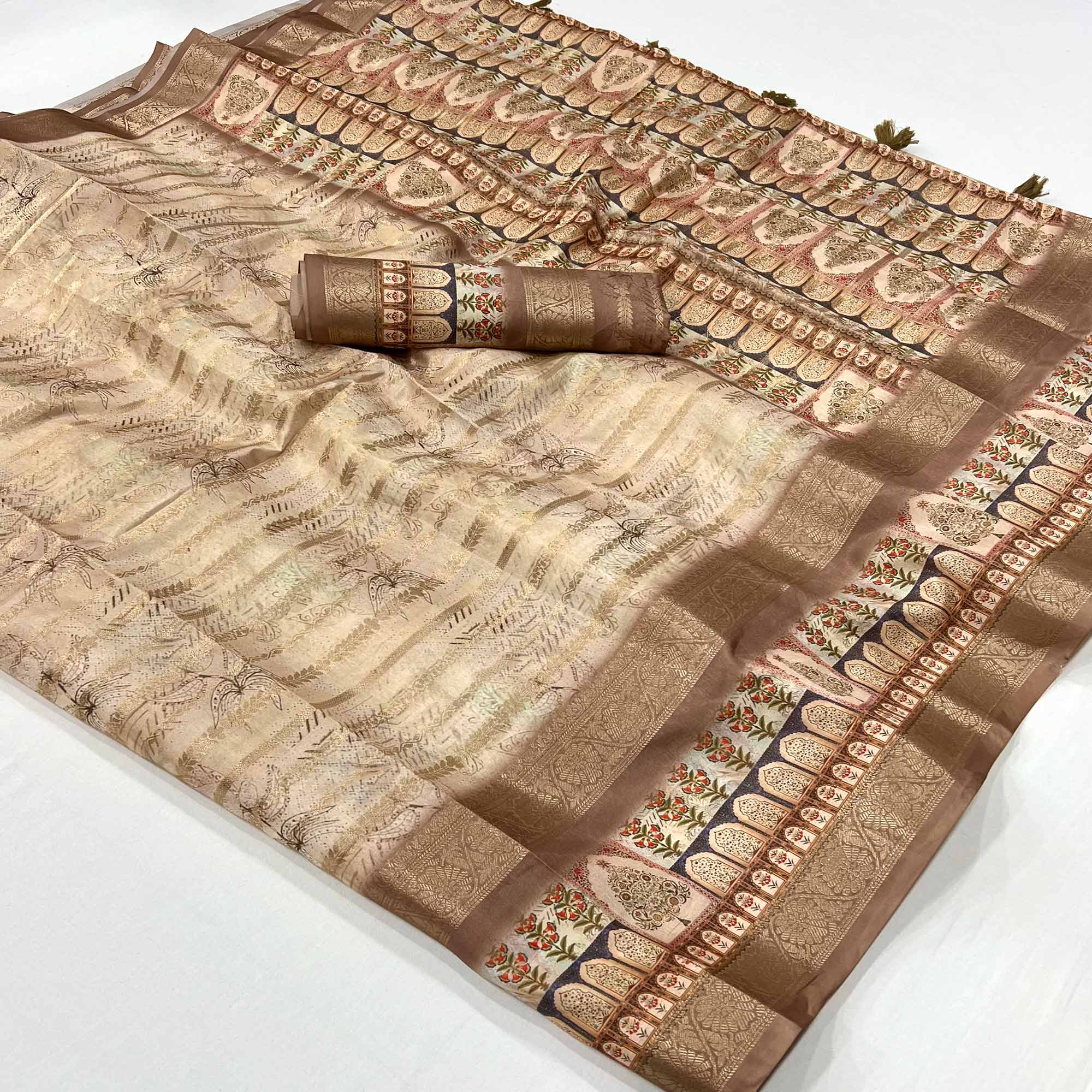 Brown Floral Woven With Digital Printed Art Silk Saree