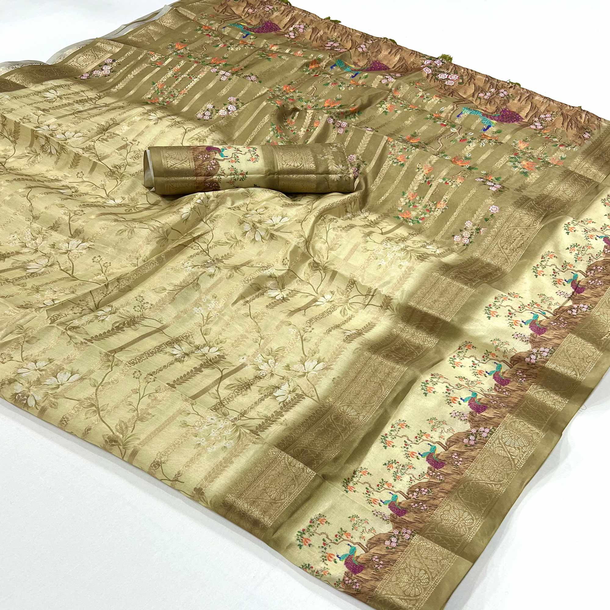 Olive Green Floral Woven With Digital Printed Art Silk Saree