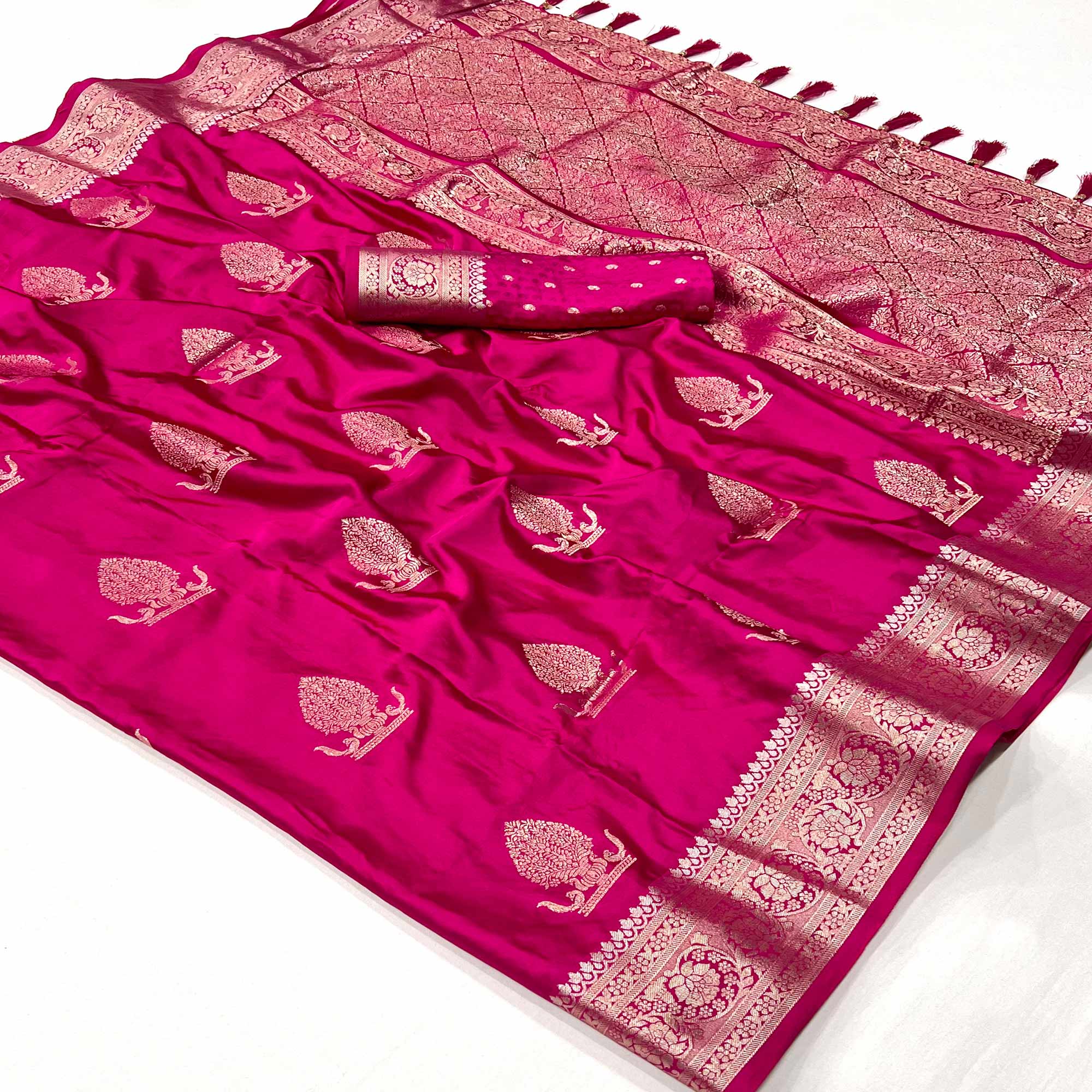 Rani Pink Floral Woven Satin Silk Saree With Tassels