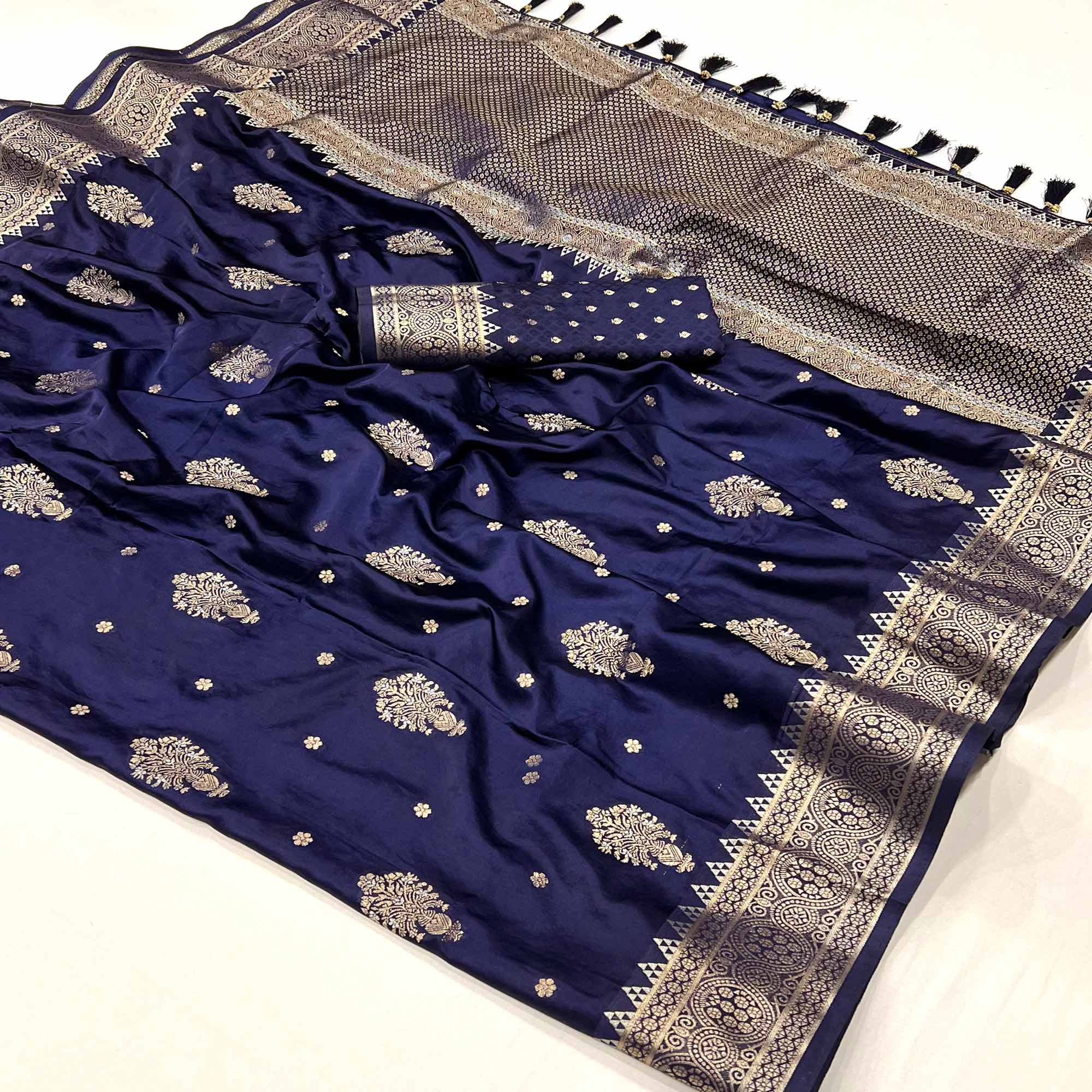 Navy Blue Floral Woven Satin Silk Saree With Tassels