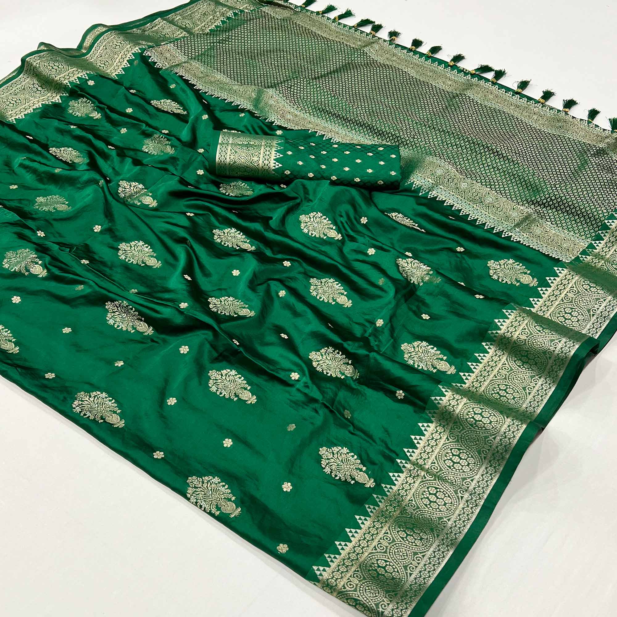 Green Floral Woven Satin Silk Saree With Tassels