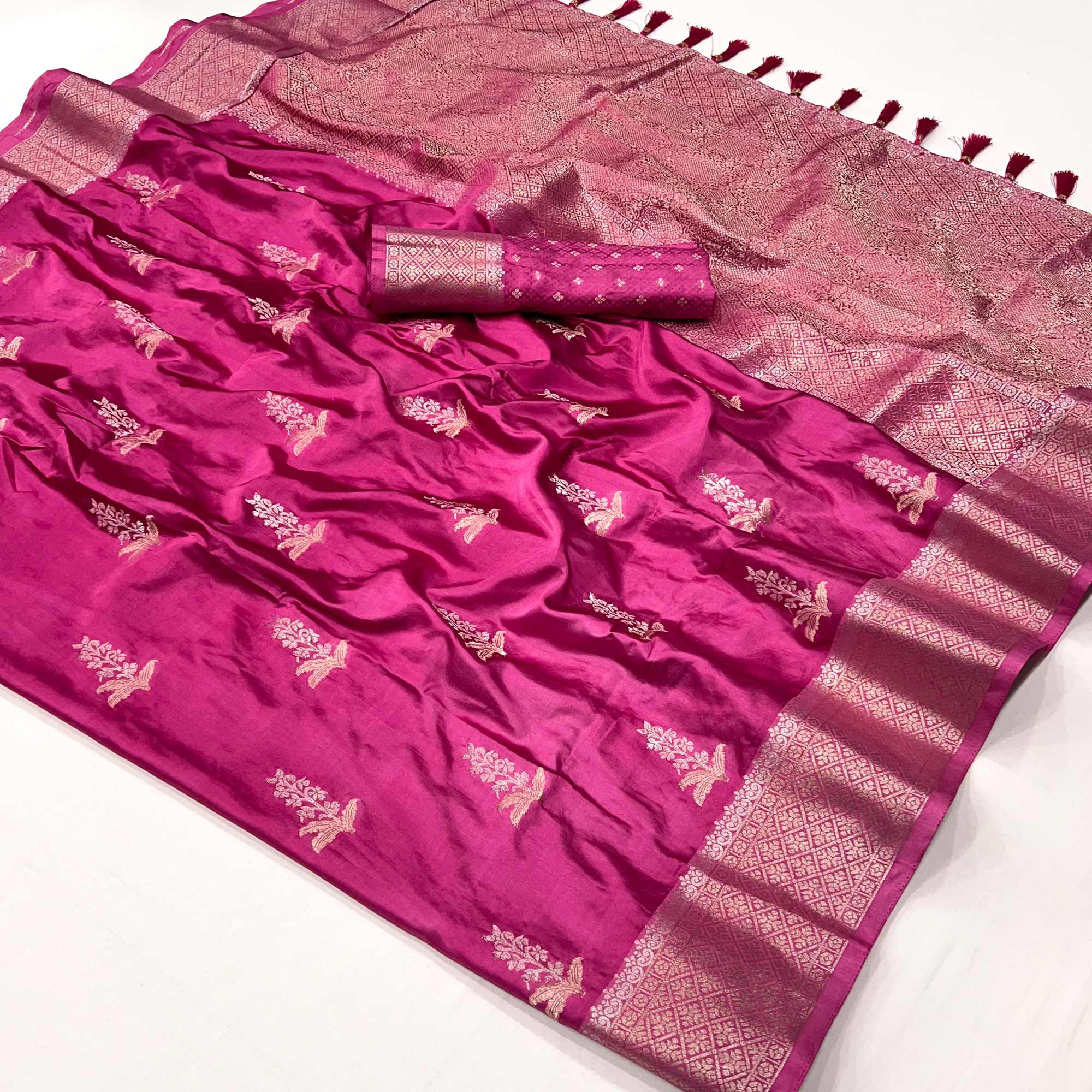 Pink Floral Woven Satin Silk Saree With Tassels