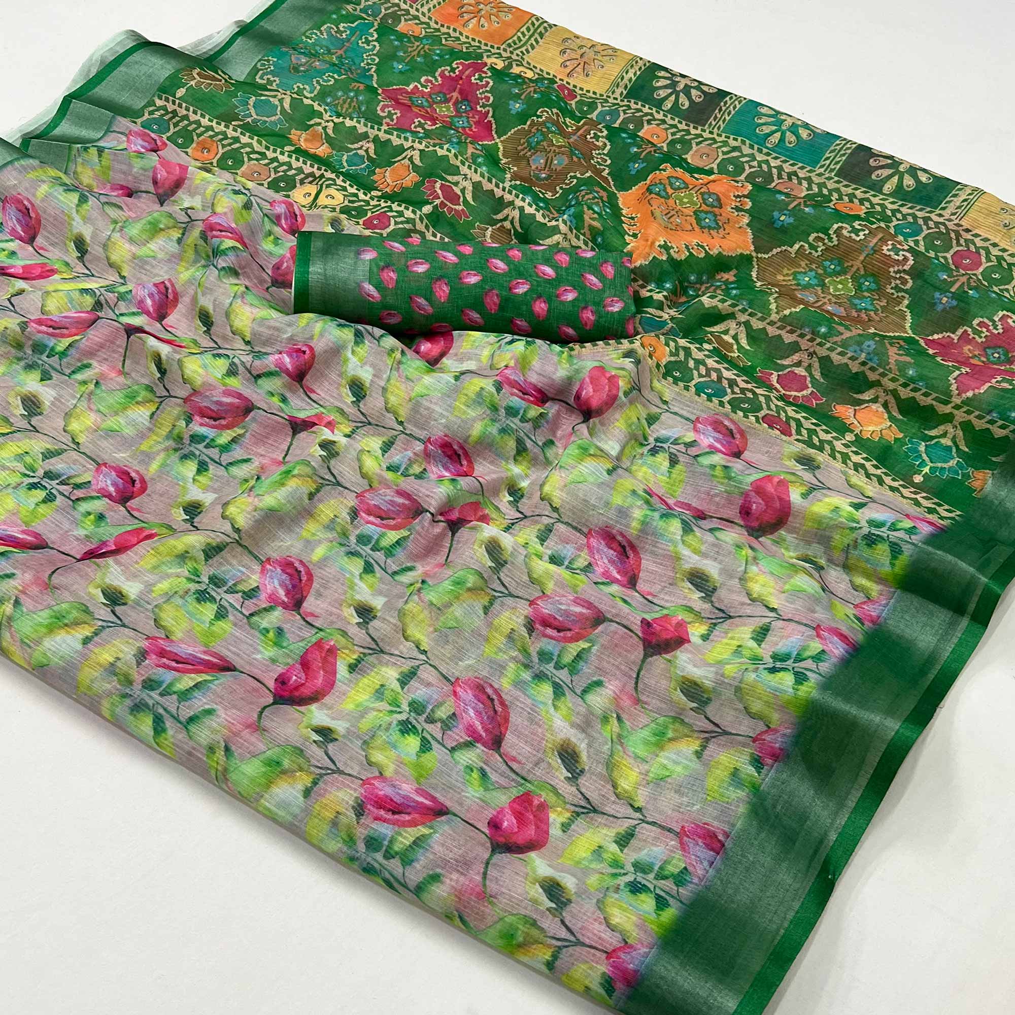 Green Floral Digital Printed Linen Saree With Zari Border