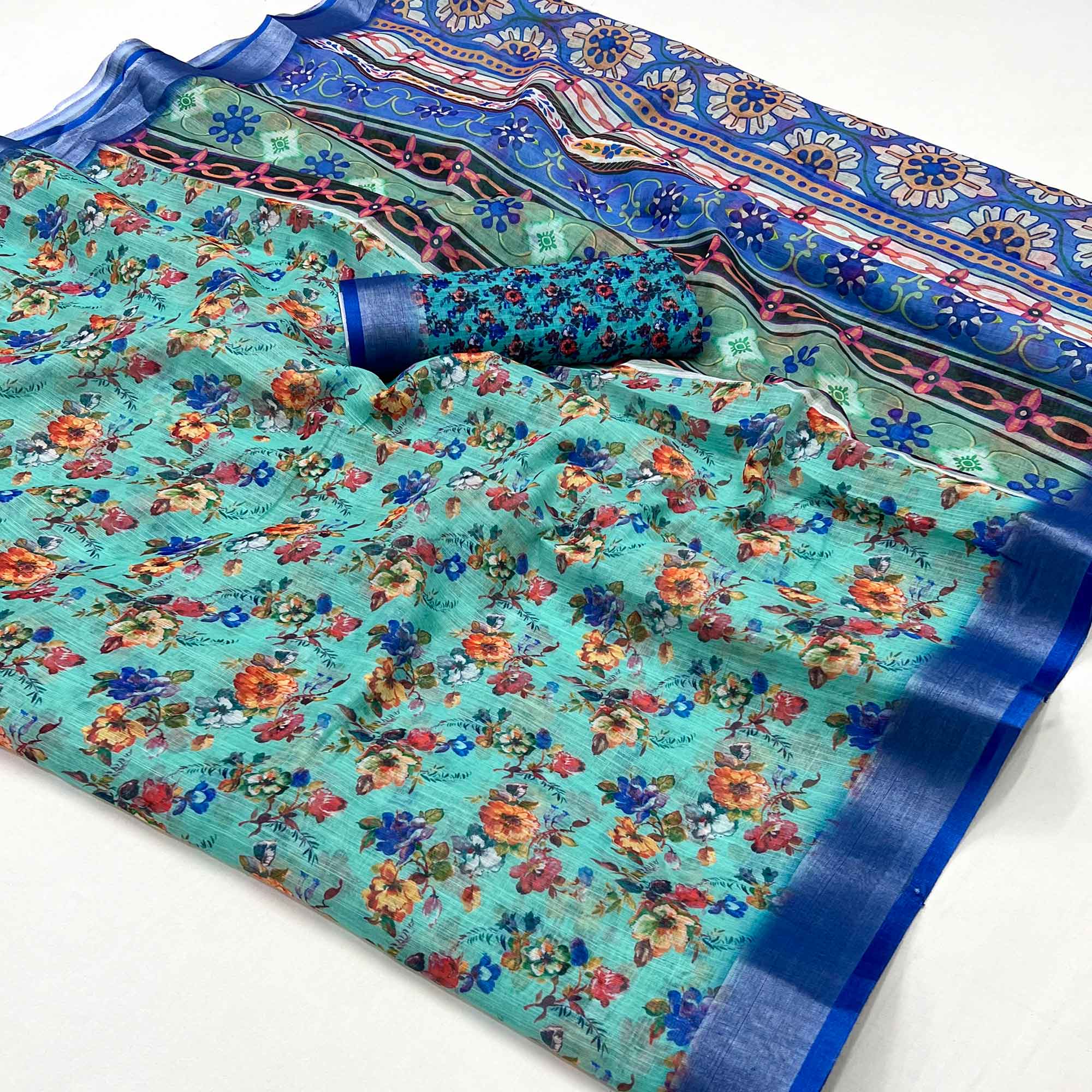 Turquoise Floral Digital Printed Linen Saree With Zari Border