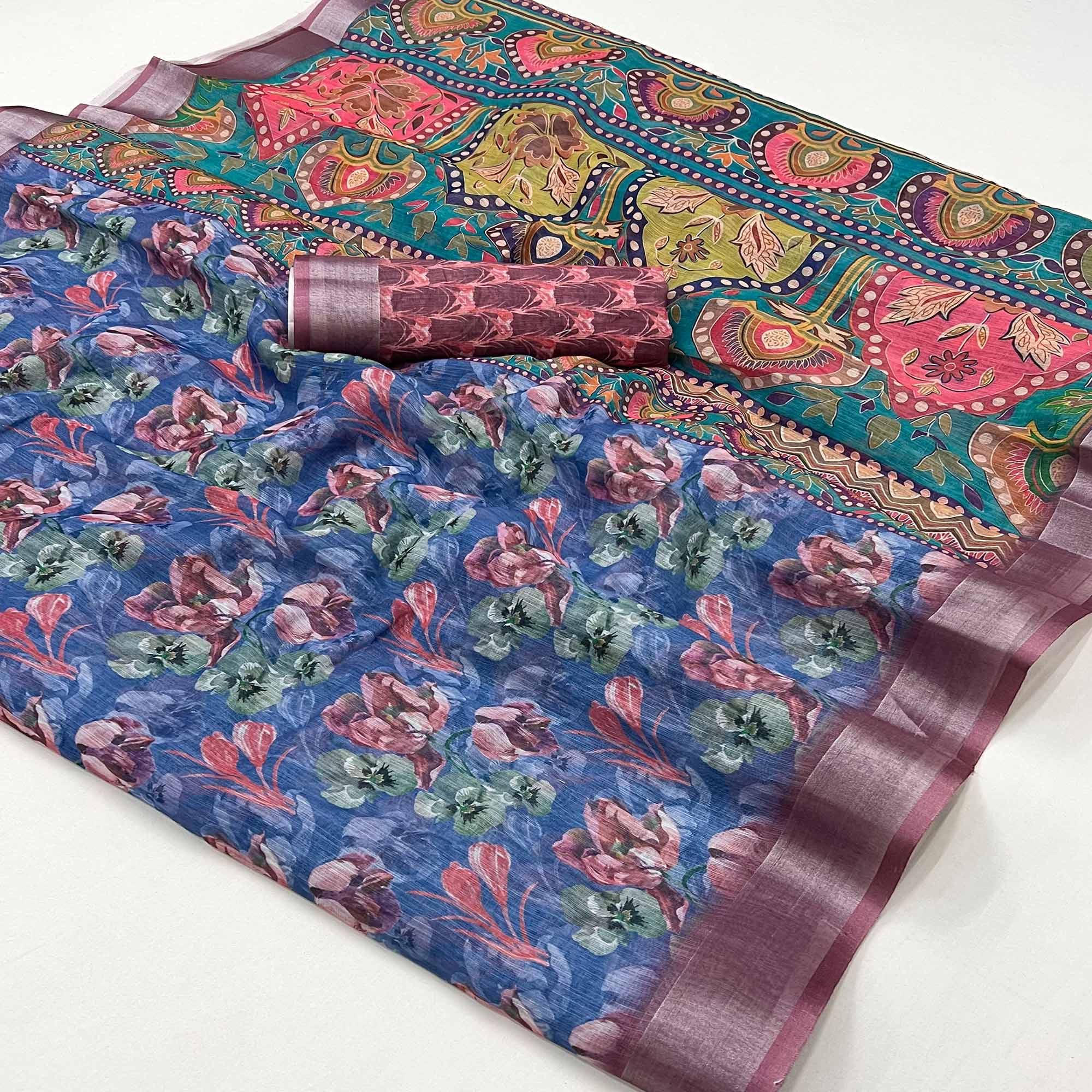 Blue Floral Digital Printed Linen Saree With Zari Border