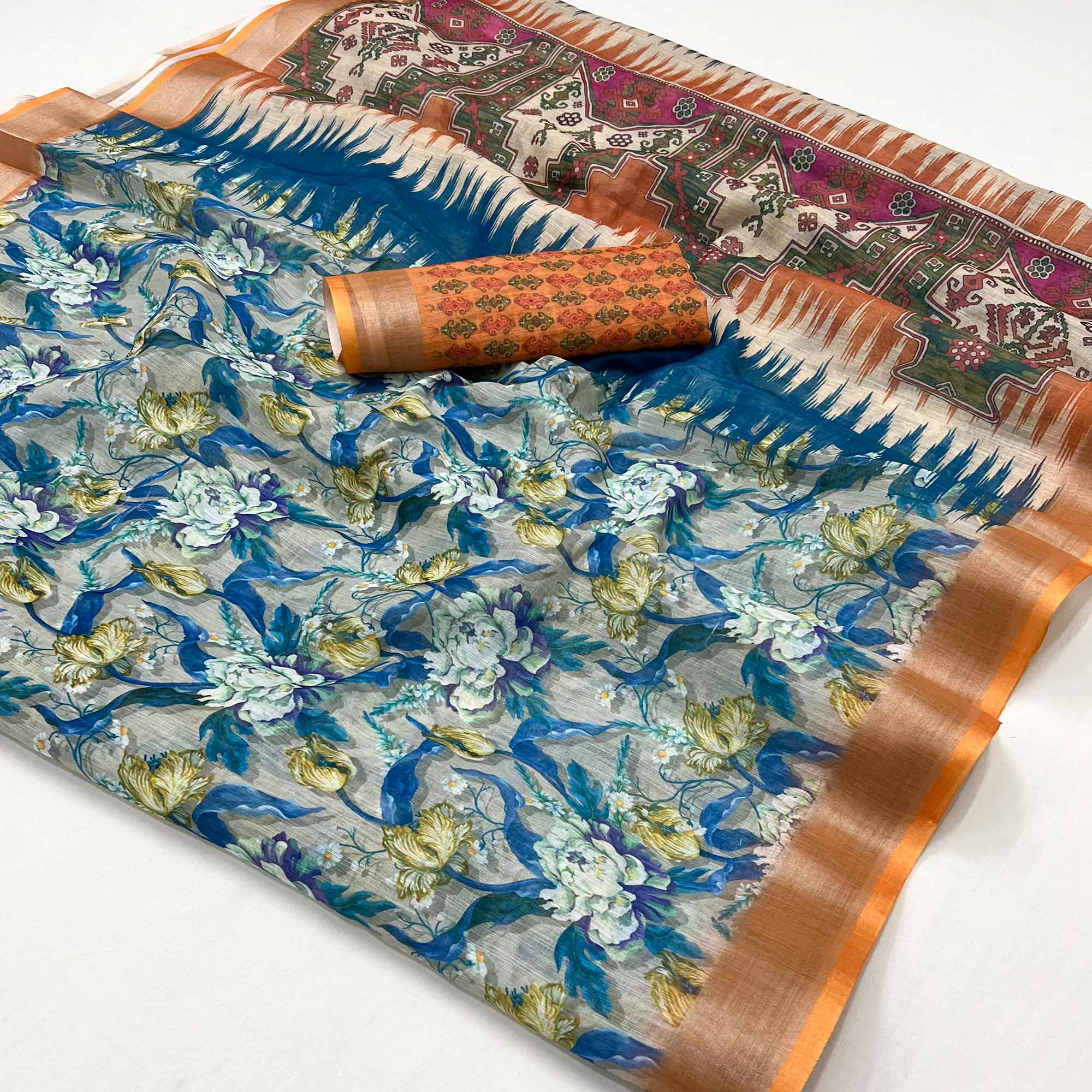 Blue Floral Digital Printed Linen Saree With Zari Border