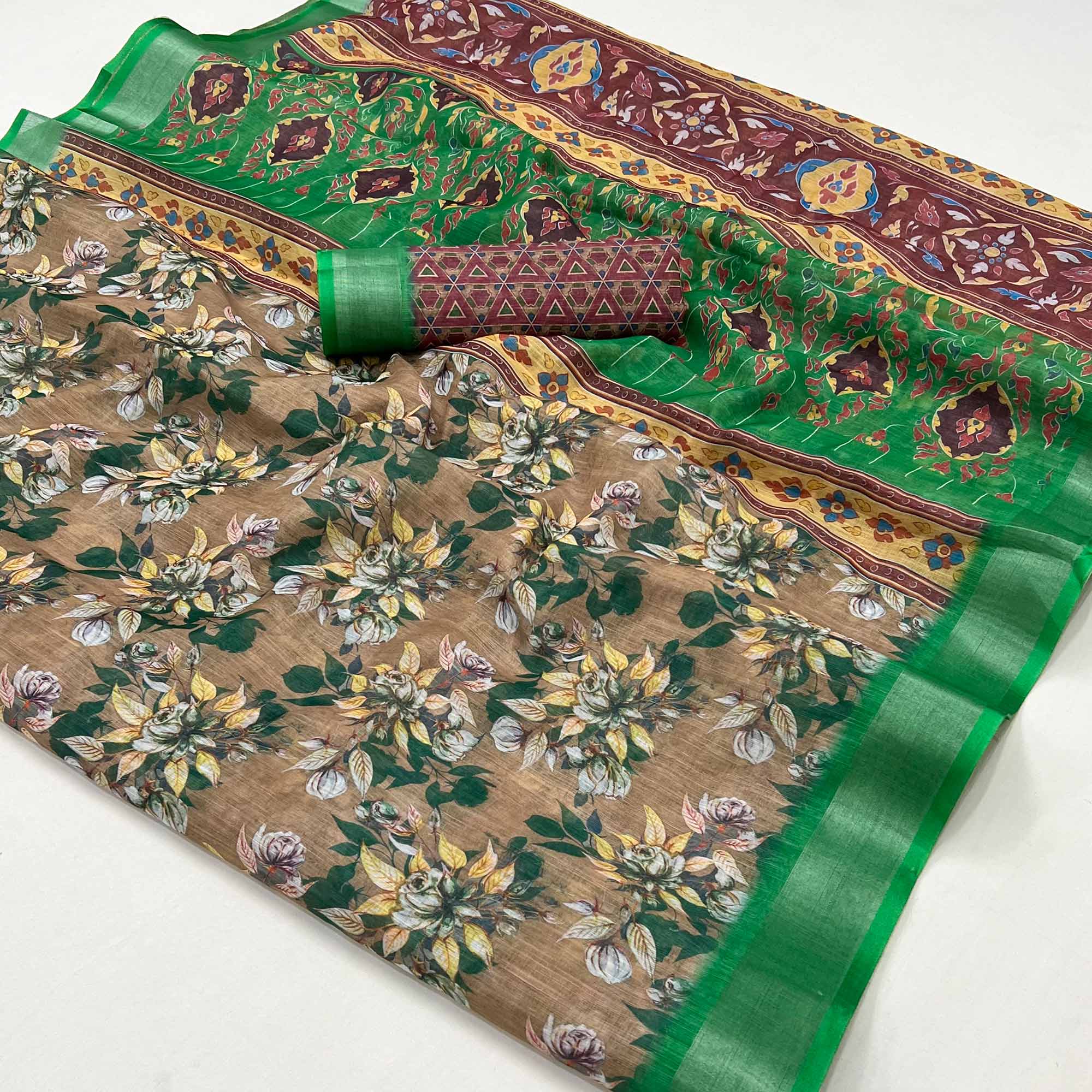 Brown Floral Digital Printed Linen Saree With Zari Border