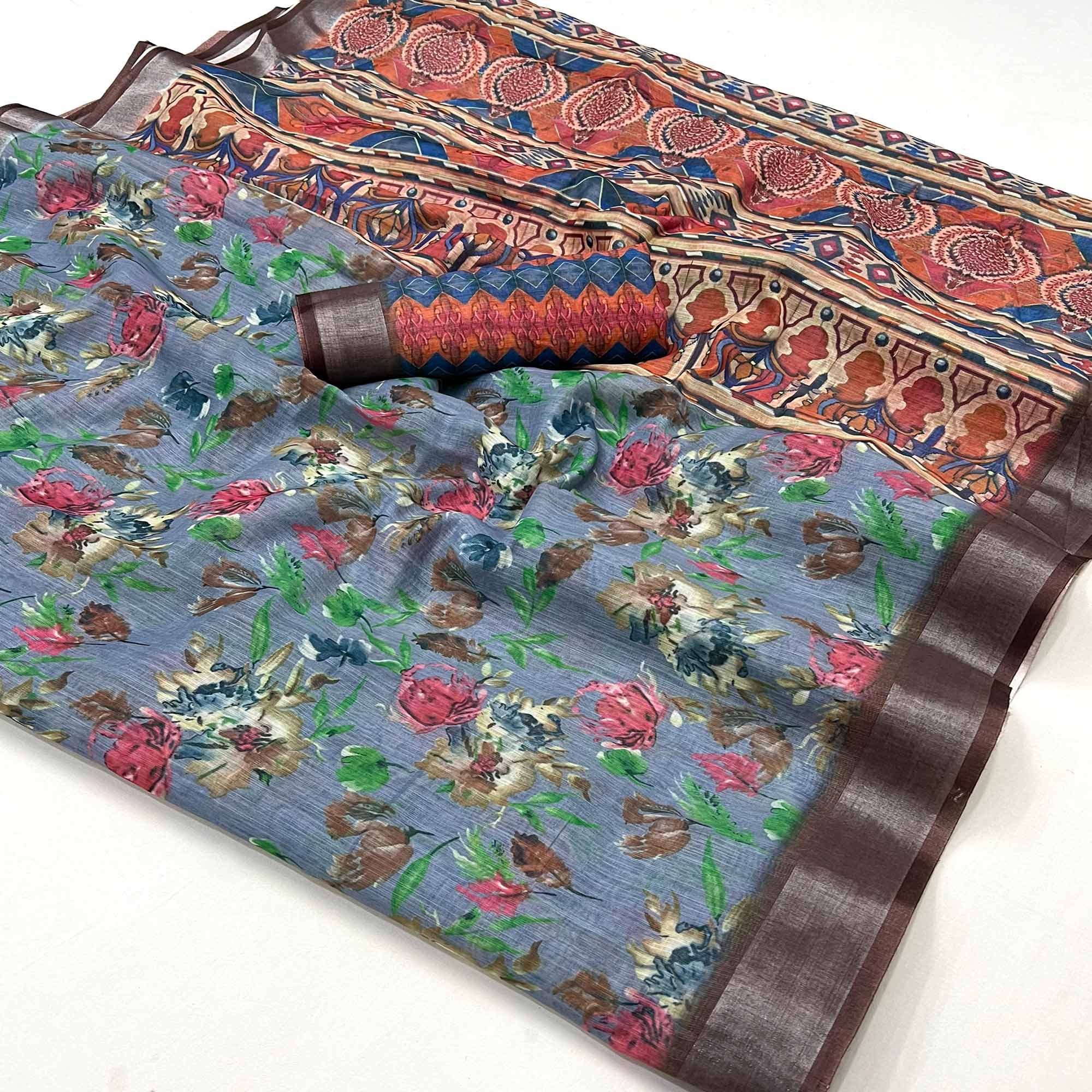 Grey Floral Digital Printed Linen Saree With Zari Border