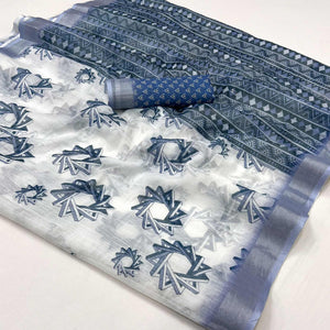 White & Blue Digital Printed Linen Saree With Zari Border