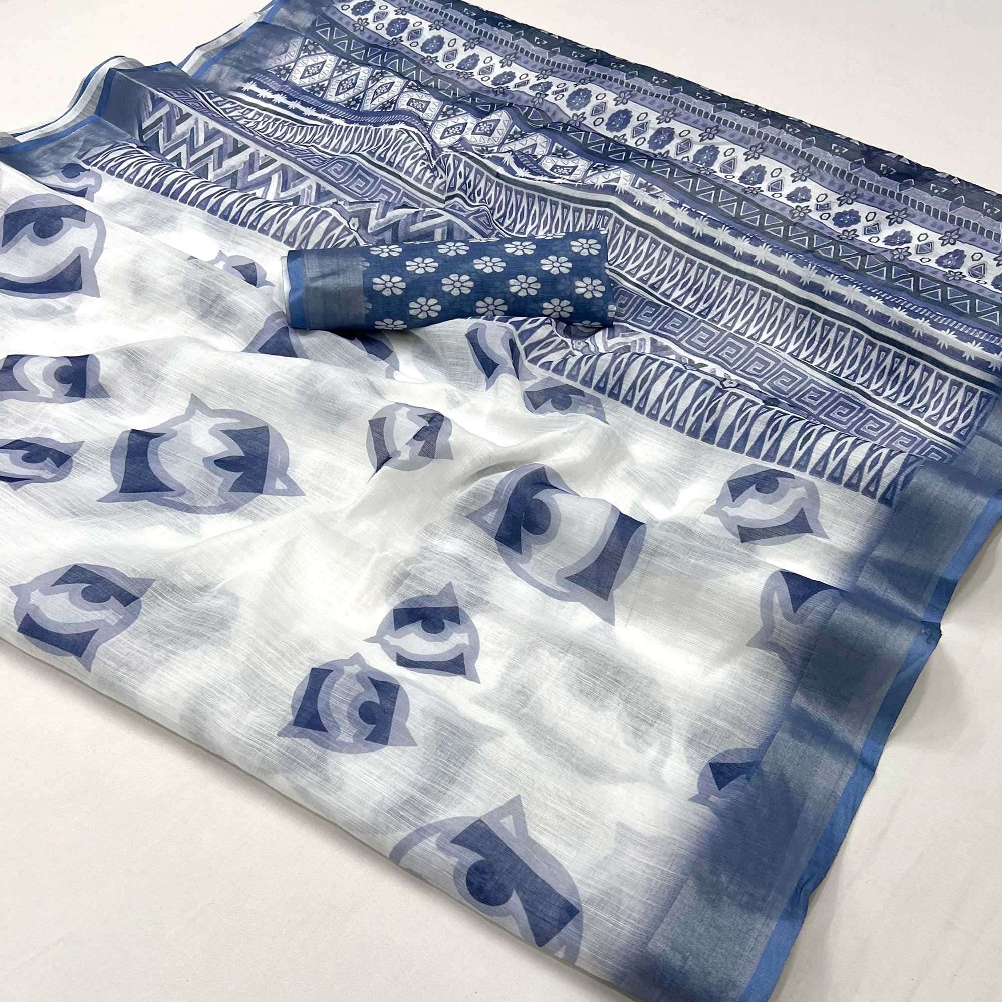 White & Blue Digital Printed Linen Saree With Zari Border
