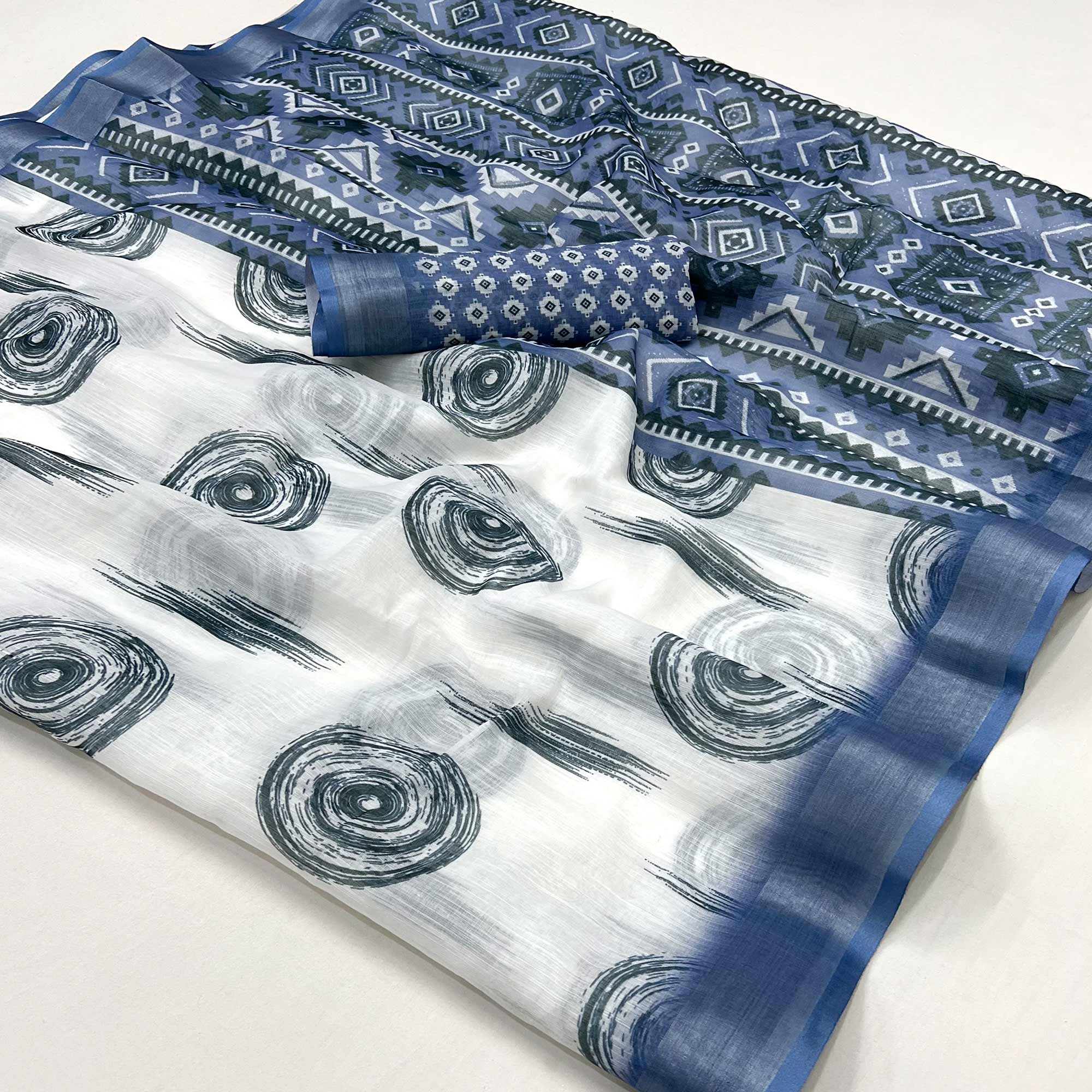 White & Blue Digital Printed Linen Saree With Zari Border