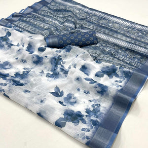 White & Blue Floral Digital Printed Linen Saree With Zari Border
