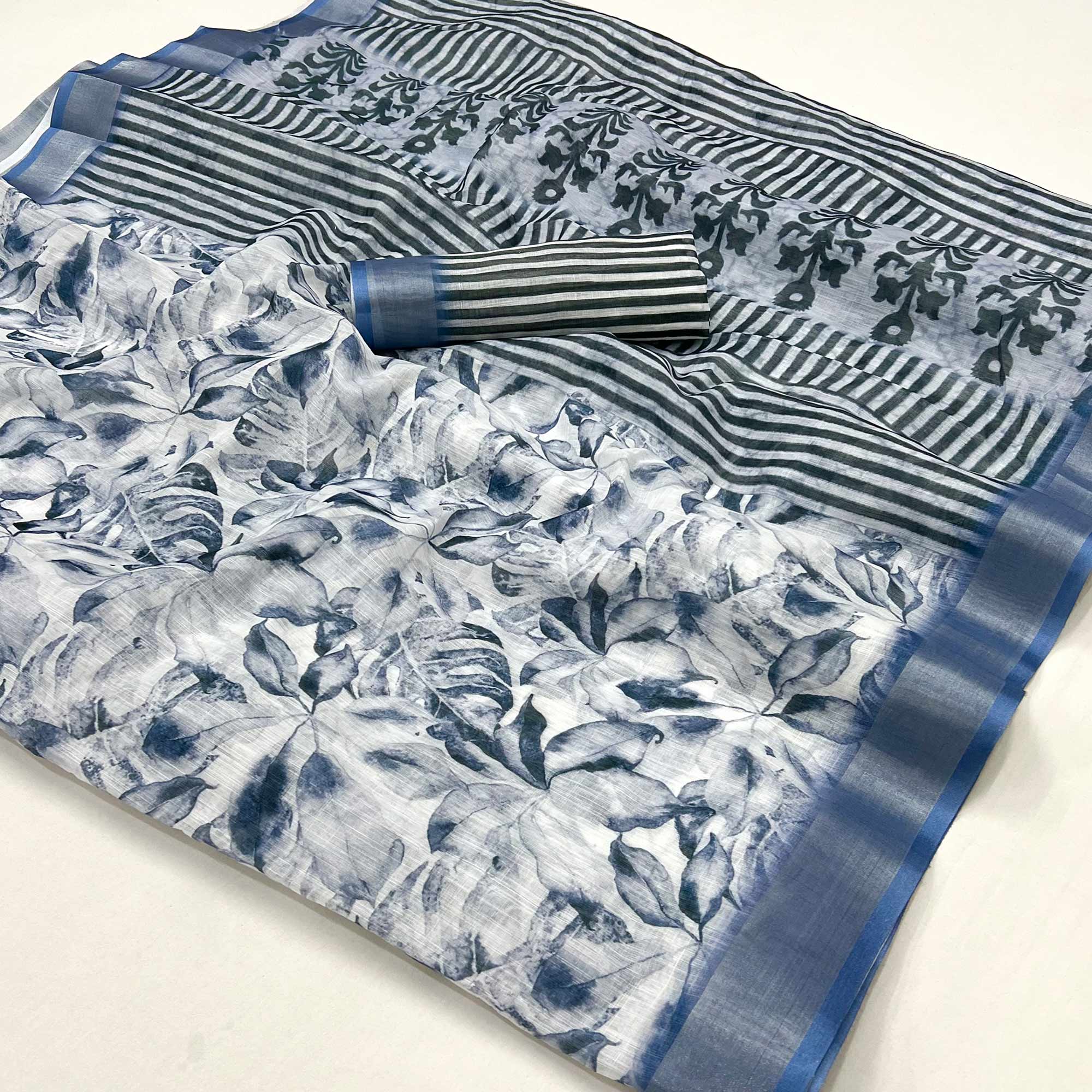 White & Blue Floral Digital Printed Linen Saree With Zari Border
