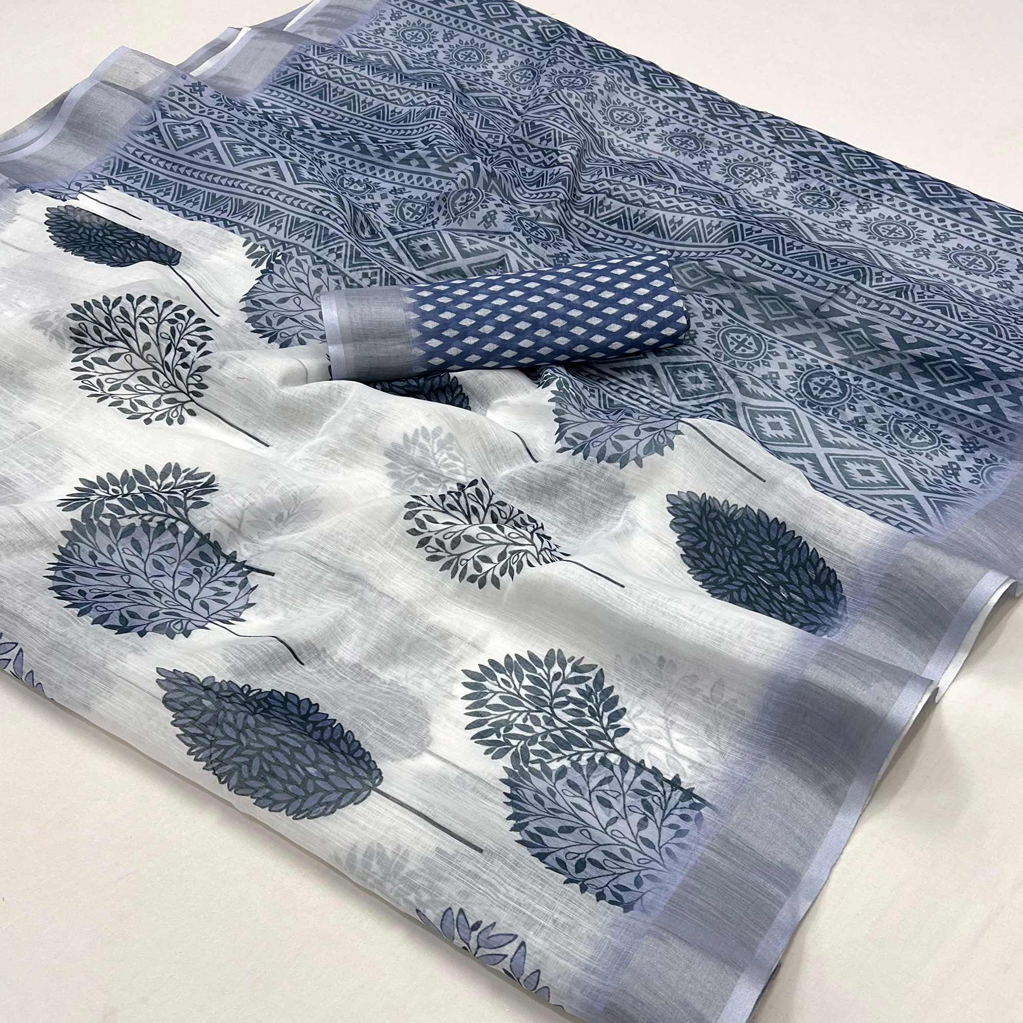 White & Blue Floral Digital Printed Linen Saree With Zari Border