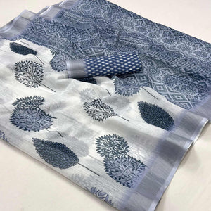 White & Blue Floral Digital Printed Linen Saree With Zari Border