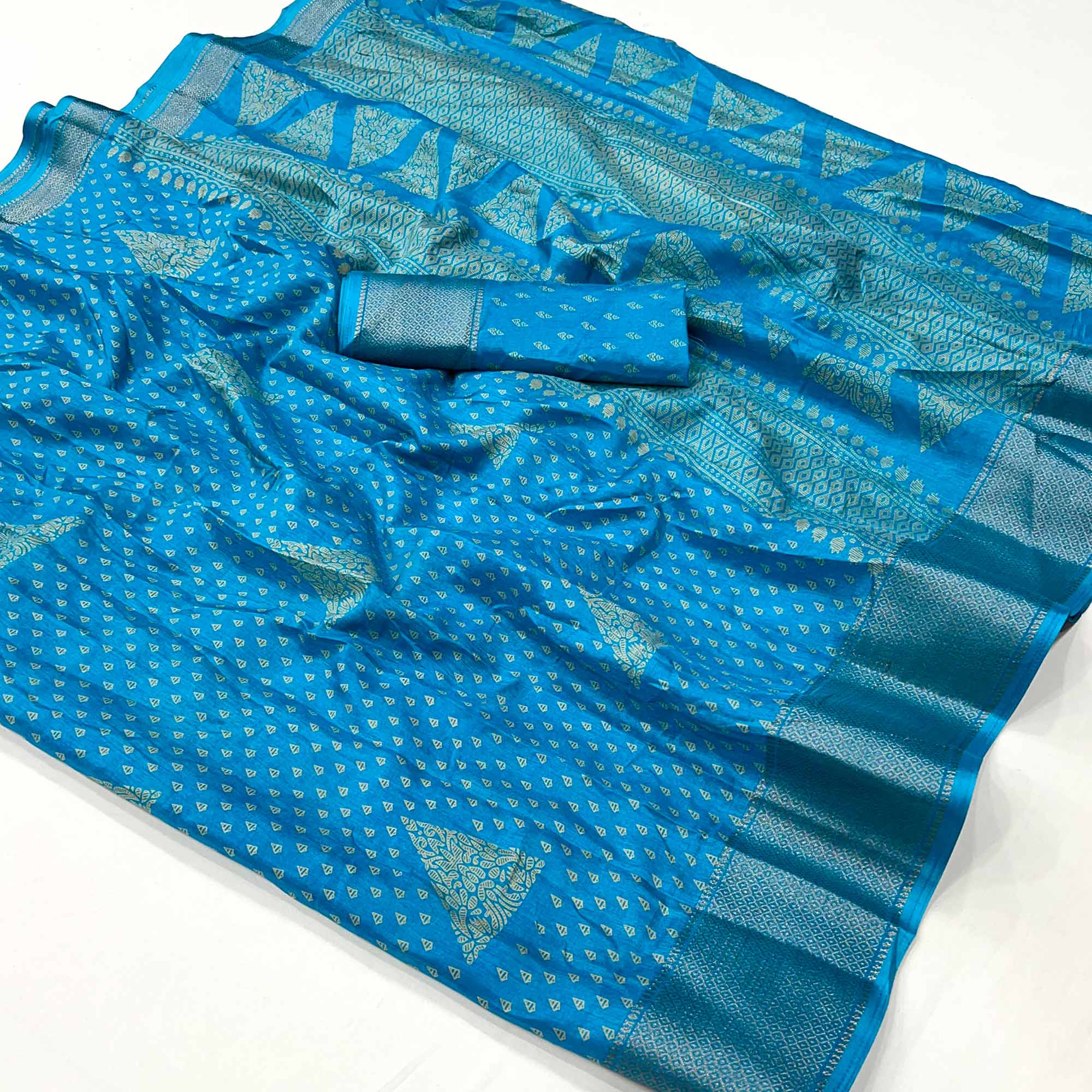 Blue Geometric Printed Dola Silk Saree With Zari Border
