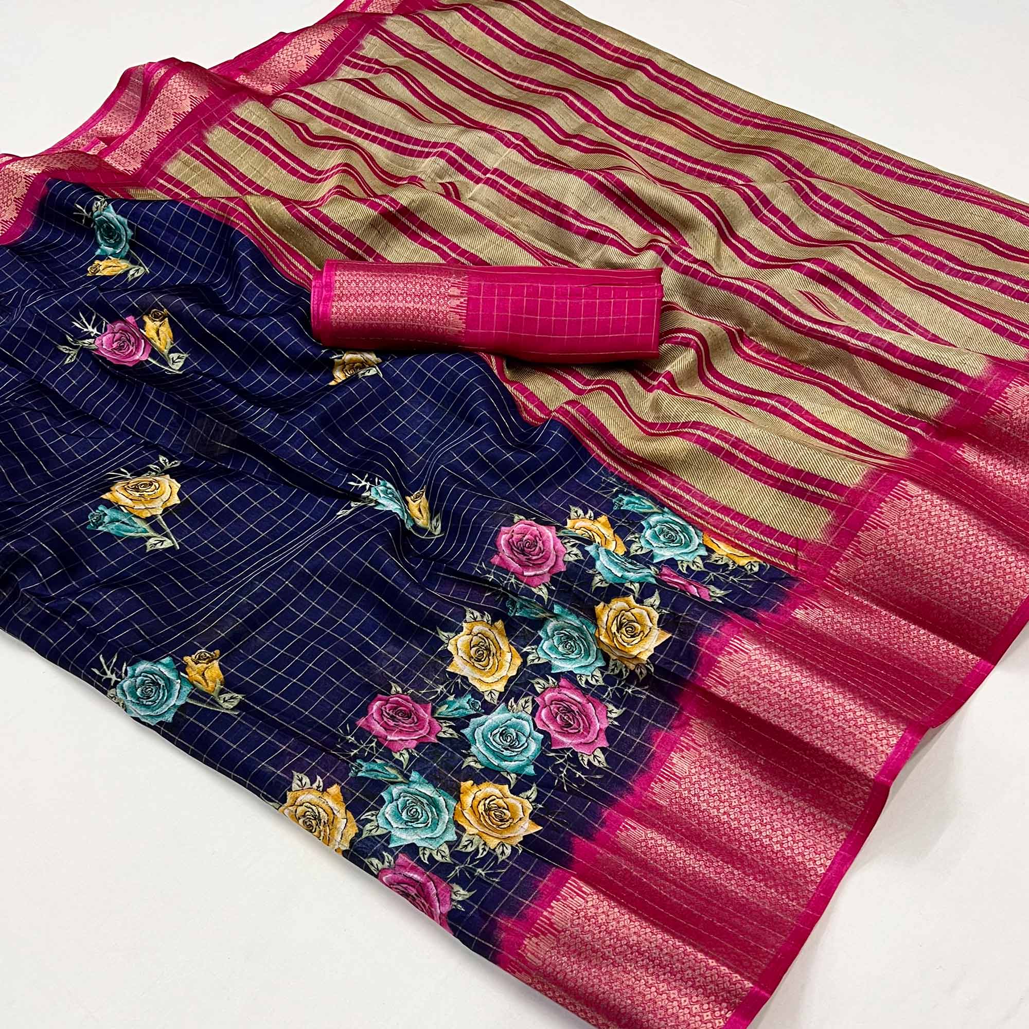 Blue Floral Zari Checks Woven Dola Silk Jacquard Saree