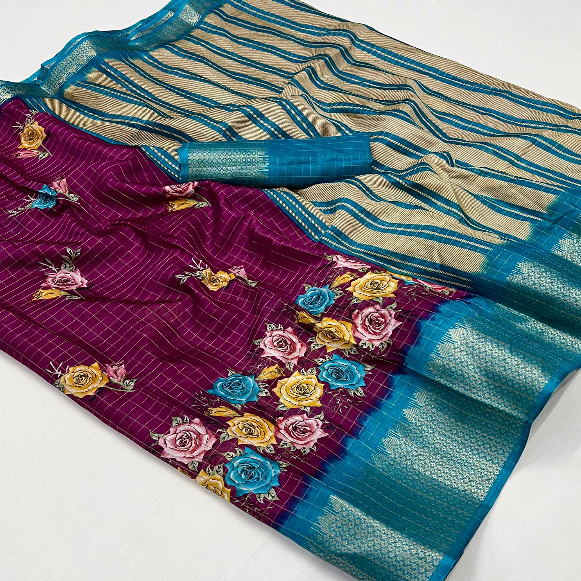 Wine Floral Zari Checks Woven Dola Silk Jacquard Saree