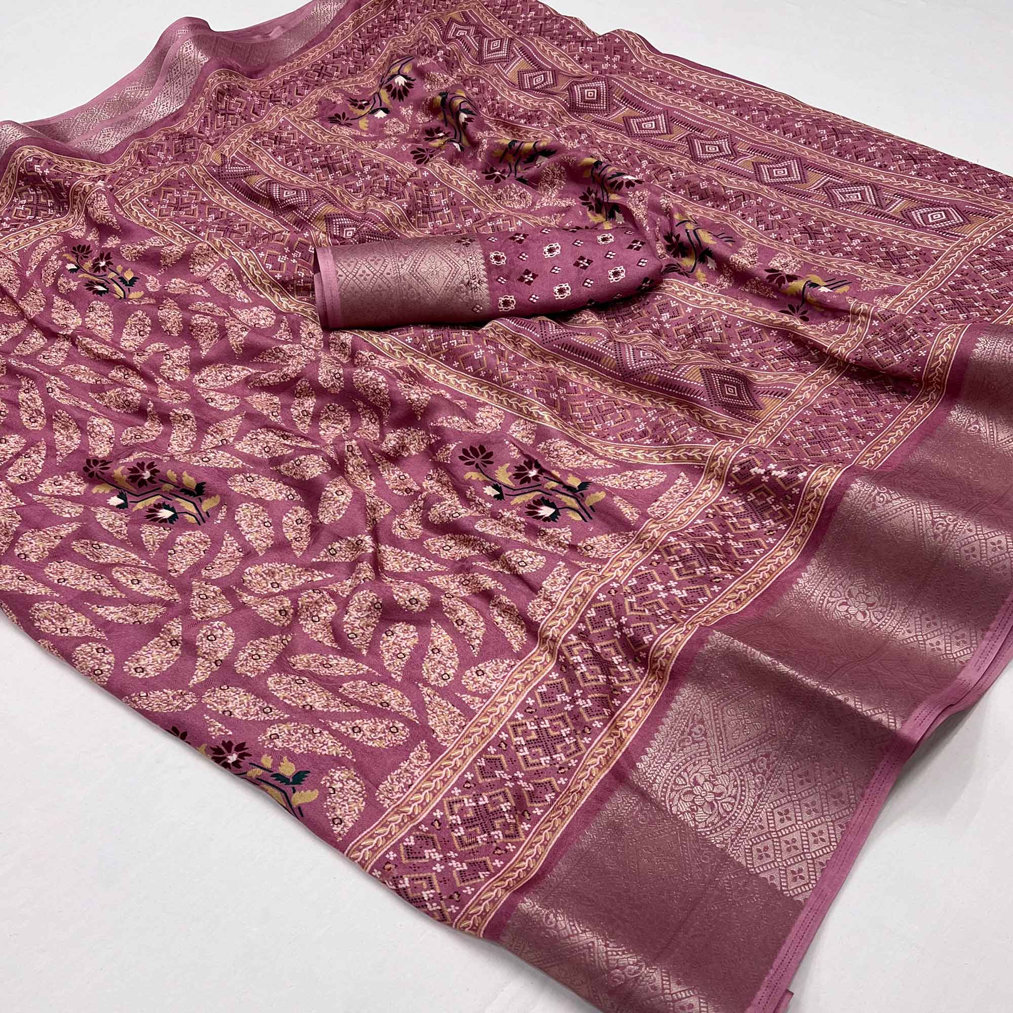 Light Wine Printed Georgette Saree With Jacquard Border