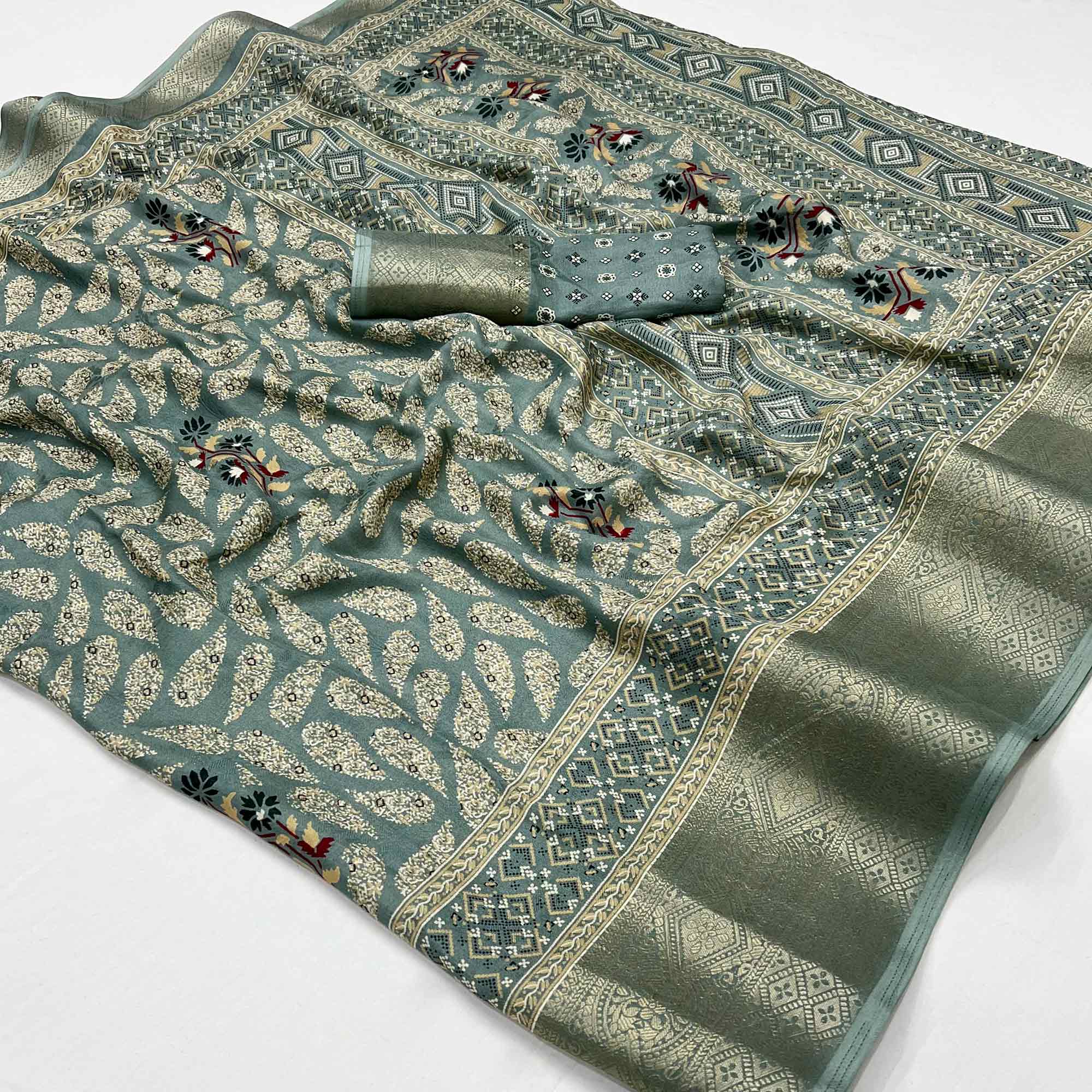 Green Printed Georgette Saree With Jacquard Border