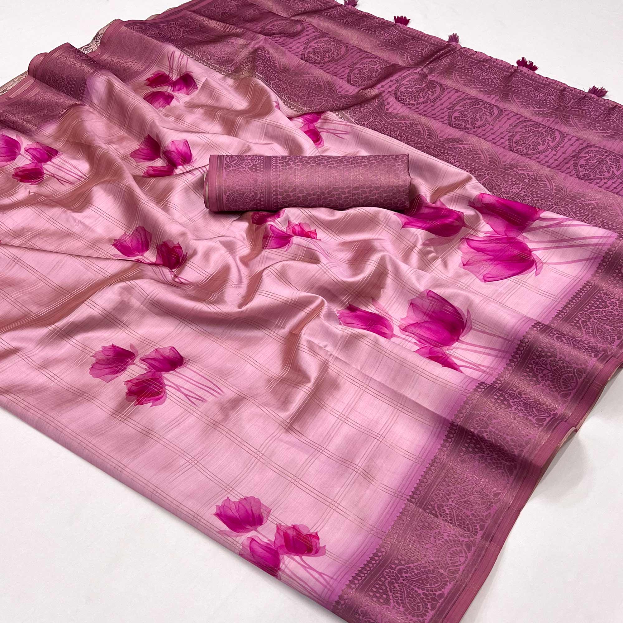 Pink Floral Woven With Digital Printed Art Silk Saree
