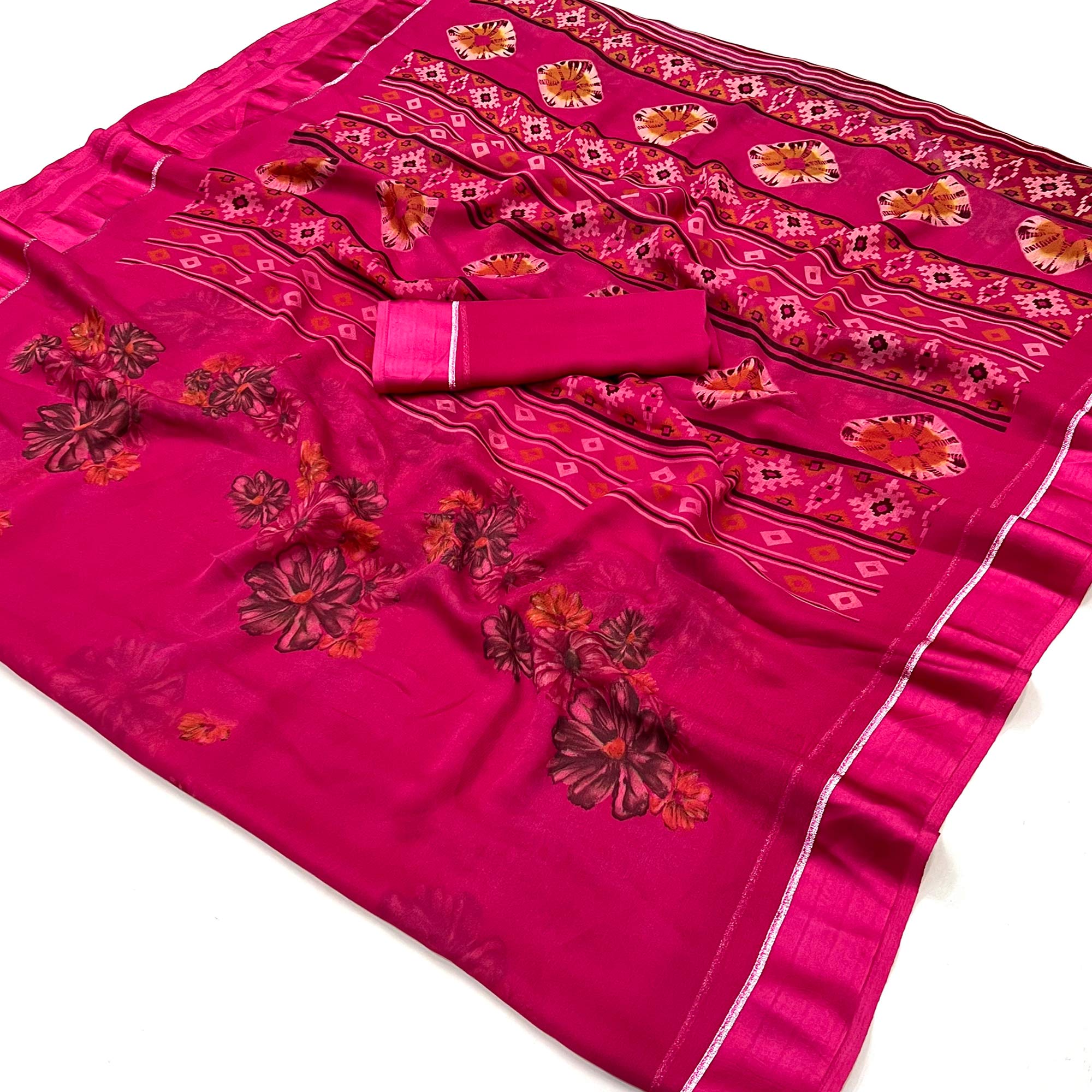 Rani Pink Floral Printed Georgette Saree With Fancy Zari Border